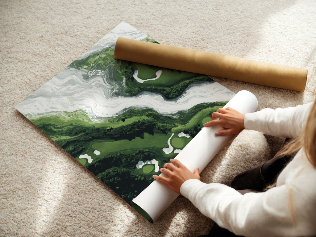 A woman carefully rolls a fine art poster paper. She prepares to display green abstract art. The marble fluid canvas will become modern wall decor. Emerald and white swirls create a contemporary artwork. This swirl artwork will enhance any space. Perfect for adding elegance to your home.