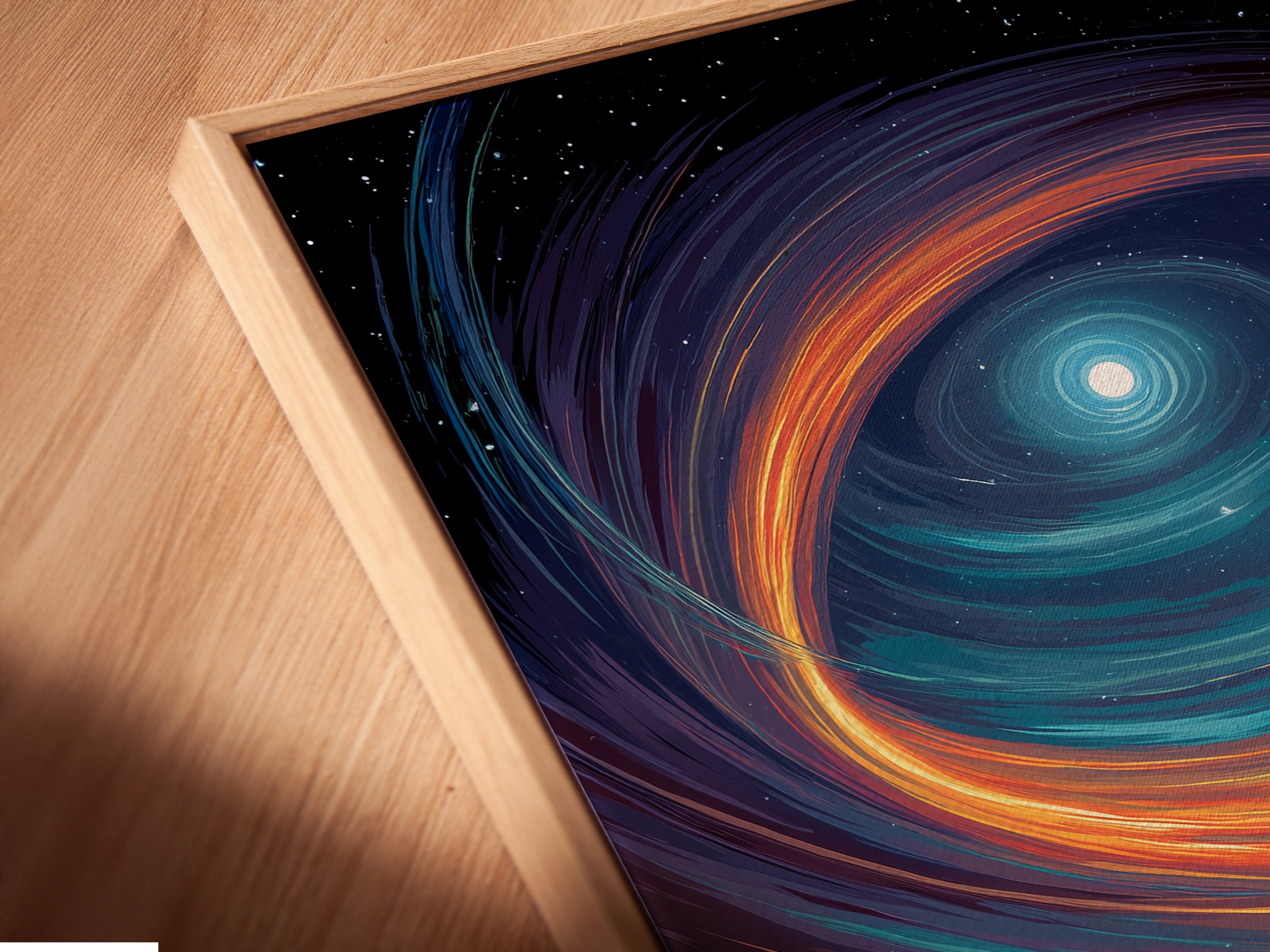 Close-up of a canvas print in a floating frame. The artwork showcases a surreal landscape with a celestial sky. Perfect for adding fantasy wall art to your home. The piece enhances bedroom aesthetics.