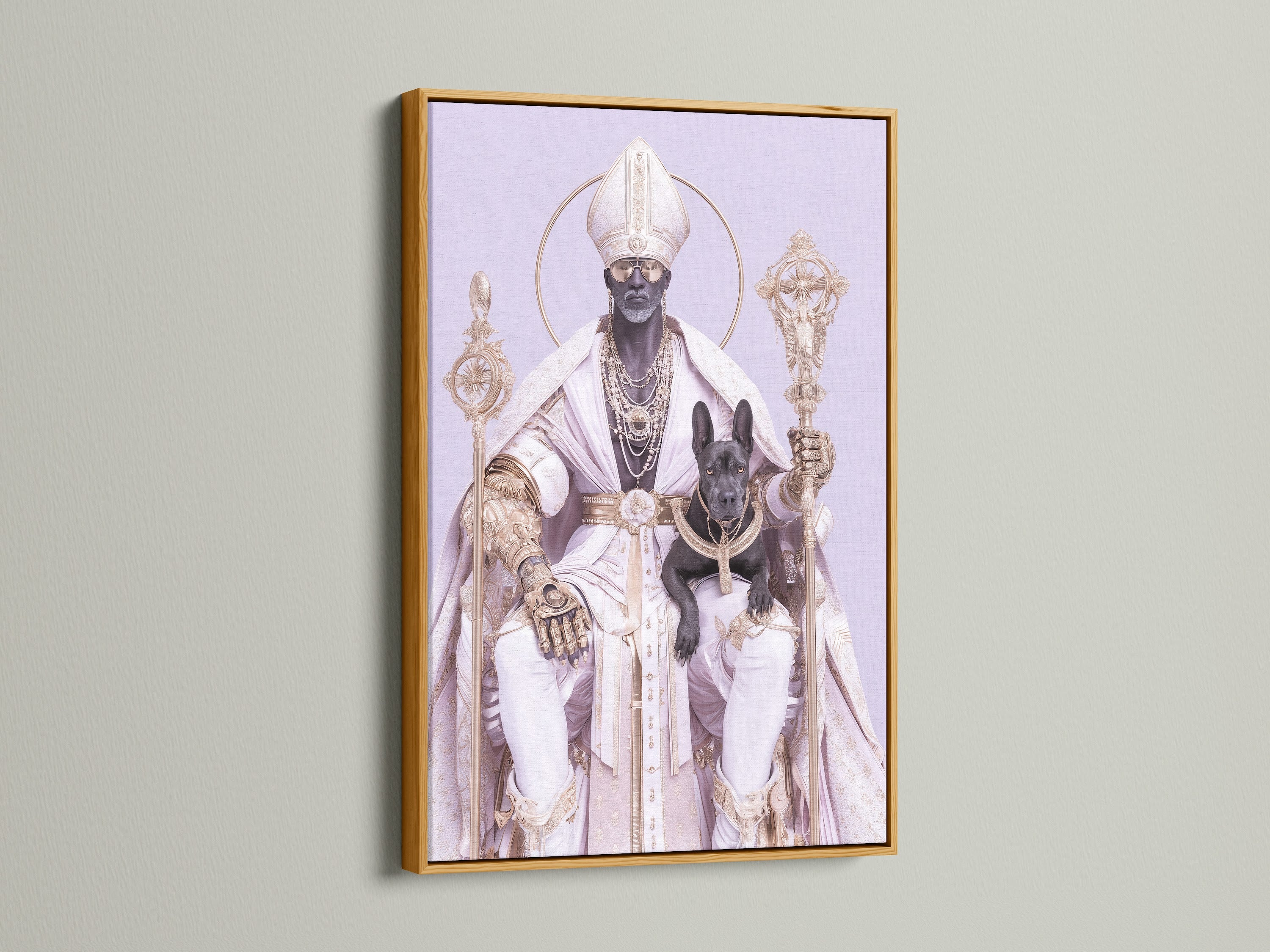 Religious artwork of Saint Nicholas is elegantly displayed in a gold frame. This contemporary artwork combines primary gold and secondary purple hues. It provides a modern take on a classic orthodox icon. The gold frame enhances the artwork making it perfect for church art or a faith-inspired gift