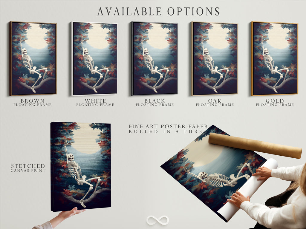 Available options for the skeleton artwork are shown. Choose from a stretched canvas print fine art poster paper or a floating frame. Customize your spooky season wall art today. Create a macabre aesthetic.