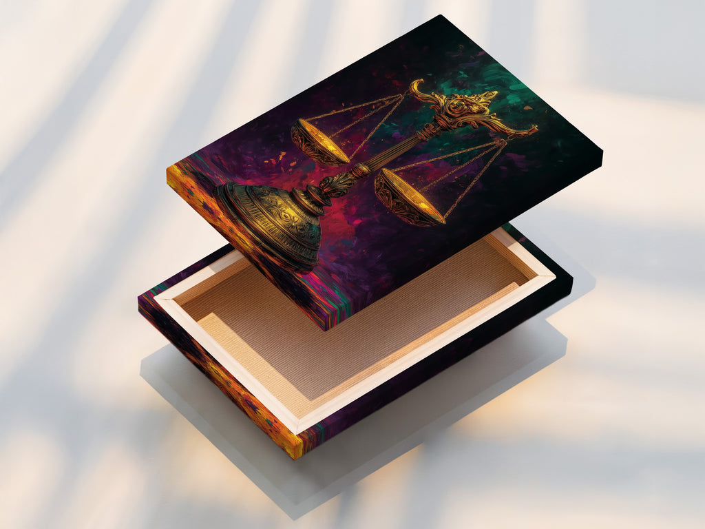 A stretched canvas print featuring the scales of justice artwork. This ornate legal wall art is ready to hang and enjoy. Perfect for law offices study decor and legal firms. Explore the details of this judicial wall decor and add it to your collection.