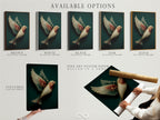 Available options for elegant bird artwork are displayed. Choose from a stretched canvas print fine art poster paper or a floating frame. This fantasy wall art features neutral tones and whimsical styling.