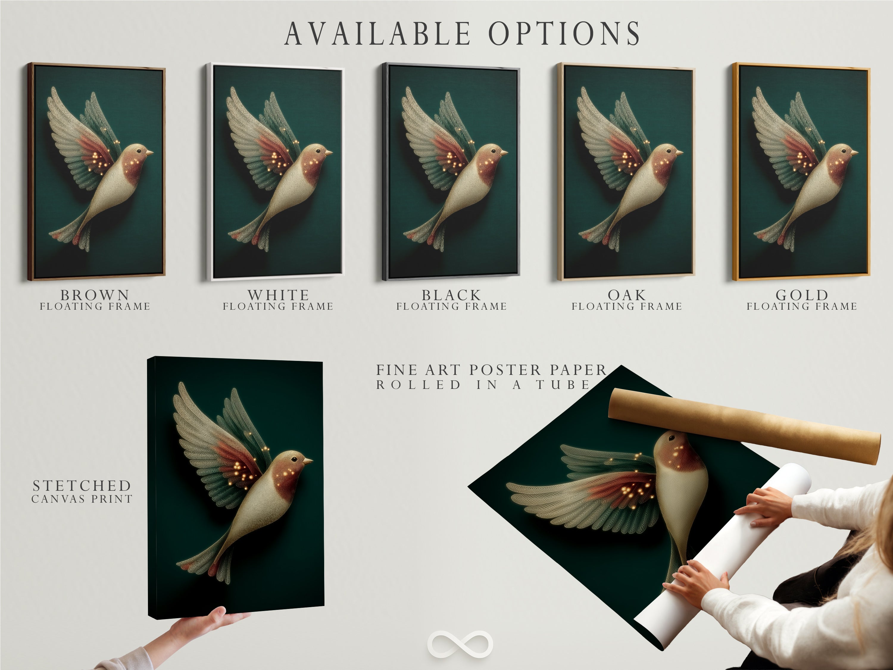 Available options for elegant bird artwork are displayed. Choose from a stretched canvas print fine art poster paper or a floating frame. This fantasy wall art features neutral tones and whimsical styling.