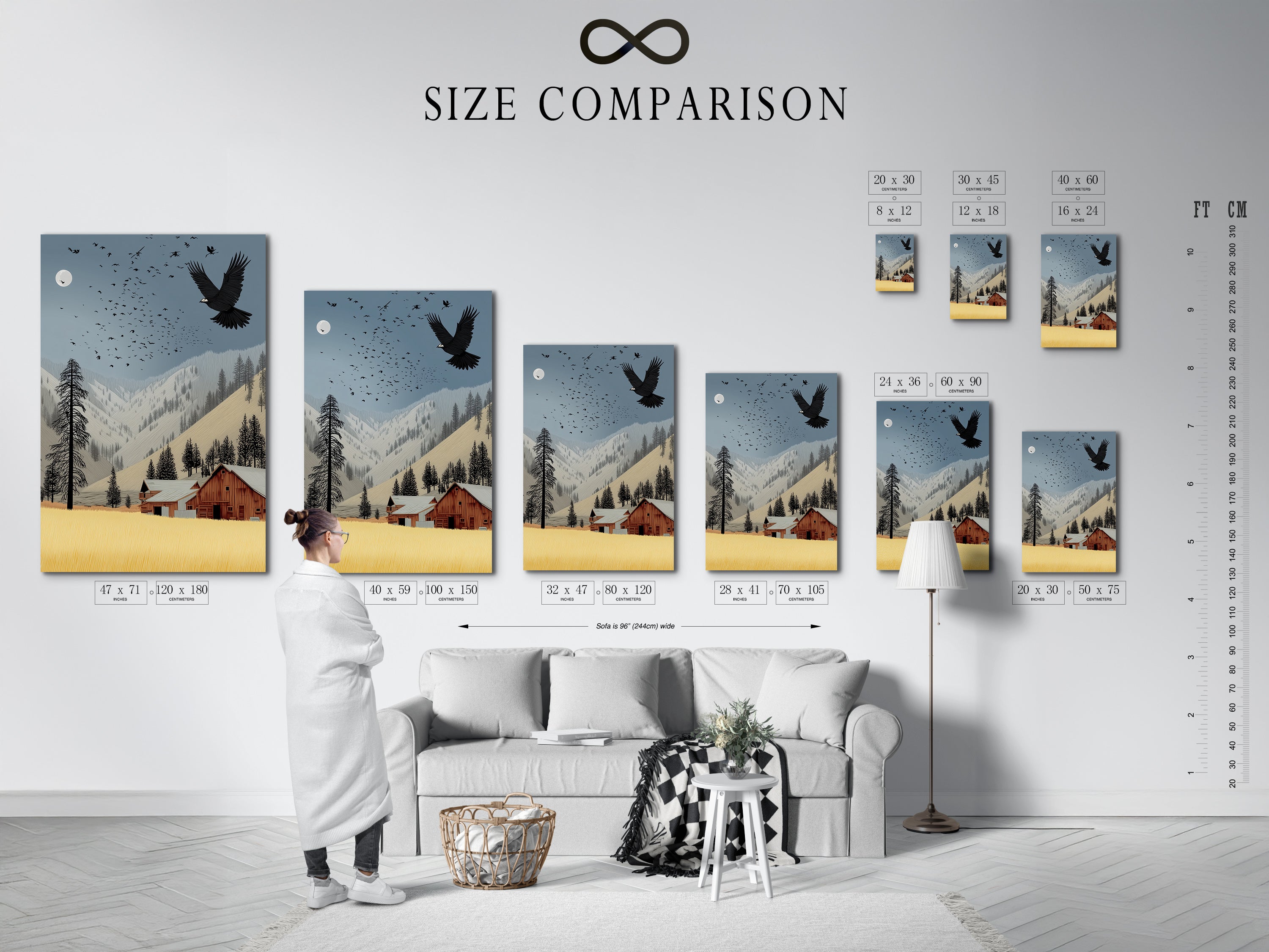 A size comparison chart displayed in an interior setting. This chart helps visualize the dimensions of the eagle over barn art print. Available in various sizes. This rustic farmhouse artwork is perfect for any room. Choose the ideal size for your space.