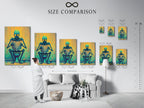 The size comparison chart is displayed in an interior setting. See how the Alien on Toilet artwork fits your space. The canvas print enhances any room. We offer various sizes for bathroom wall art. This sci-fi novelty poster is perfect for any style.