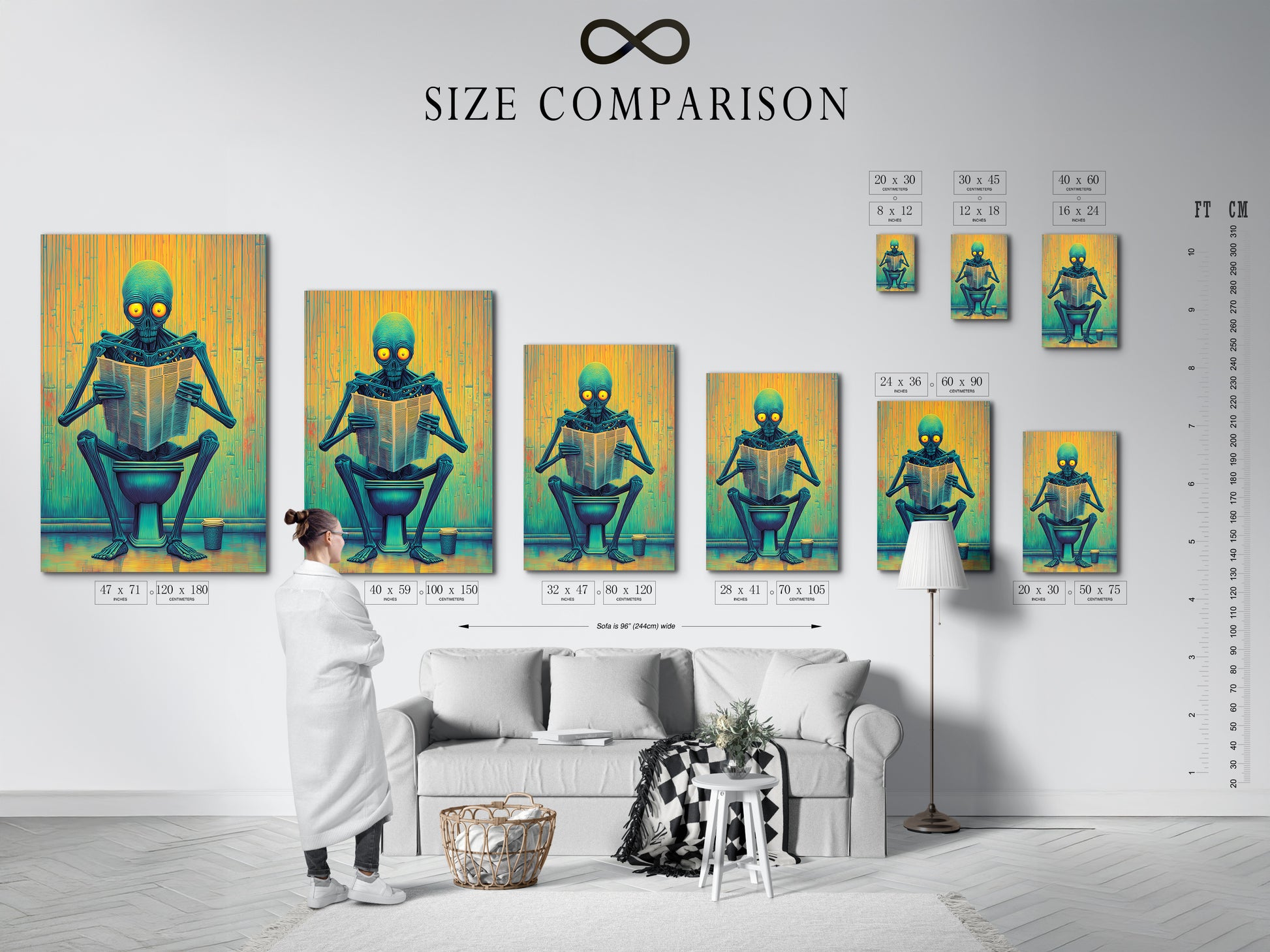 The size comparison chart is displayed in an interior setting. See how the Alien on Toilet artwork fits your space. The canvas print enhances any room. We offer various sizes for bathroom wall art. This sci-fi novelty poster is perfect for any style.