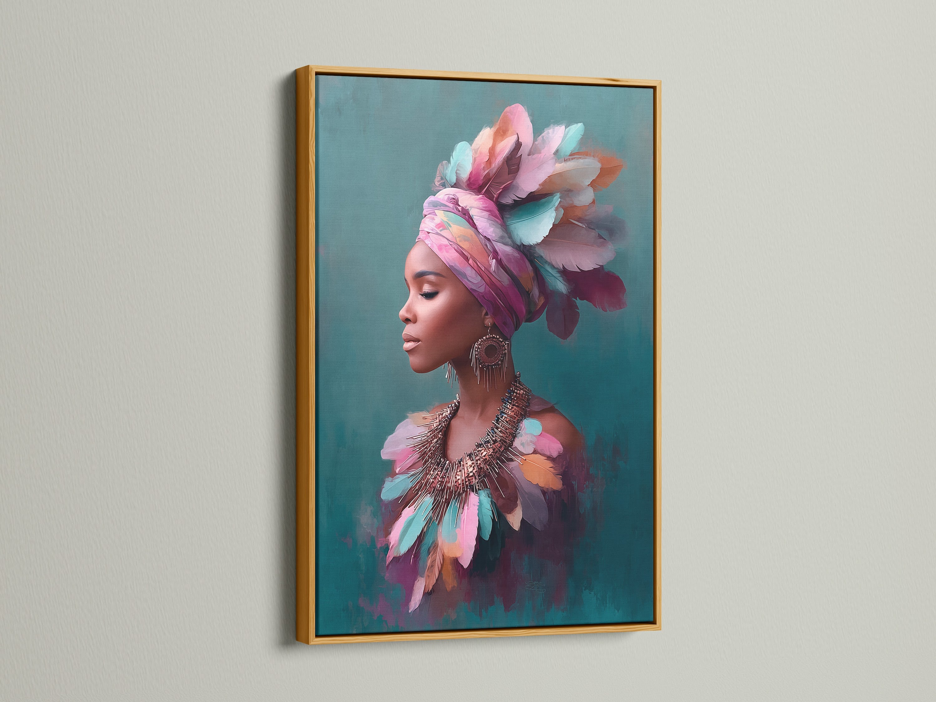 The African Woman Art is presented in a gold frame. This wall art has a vibrant feather portrait. The gold frame adds a touch of luxury. It is perfect for modern and eclectic decor. This unique piece enhances any space.
