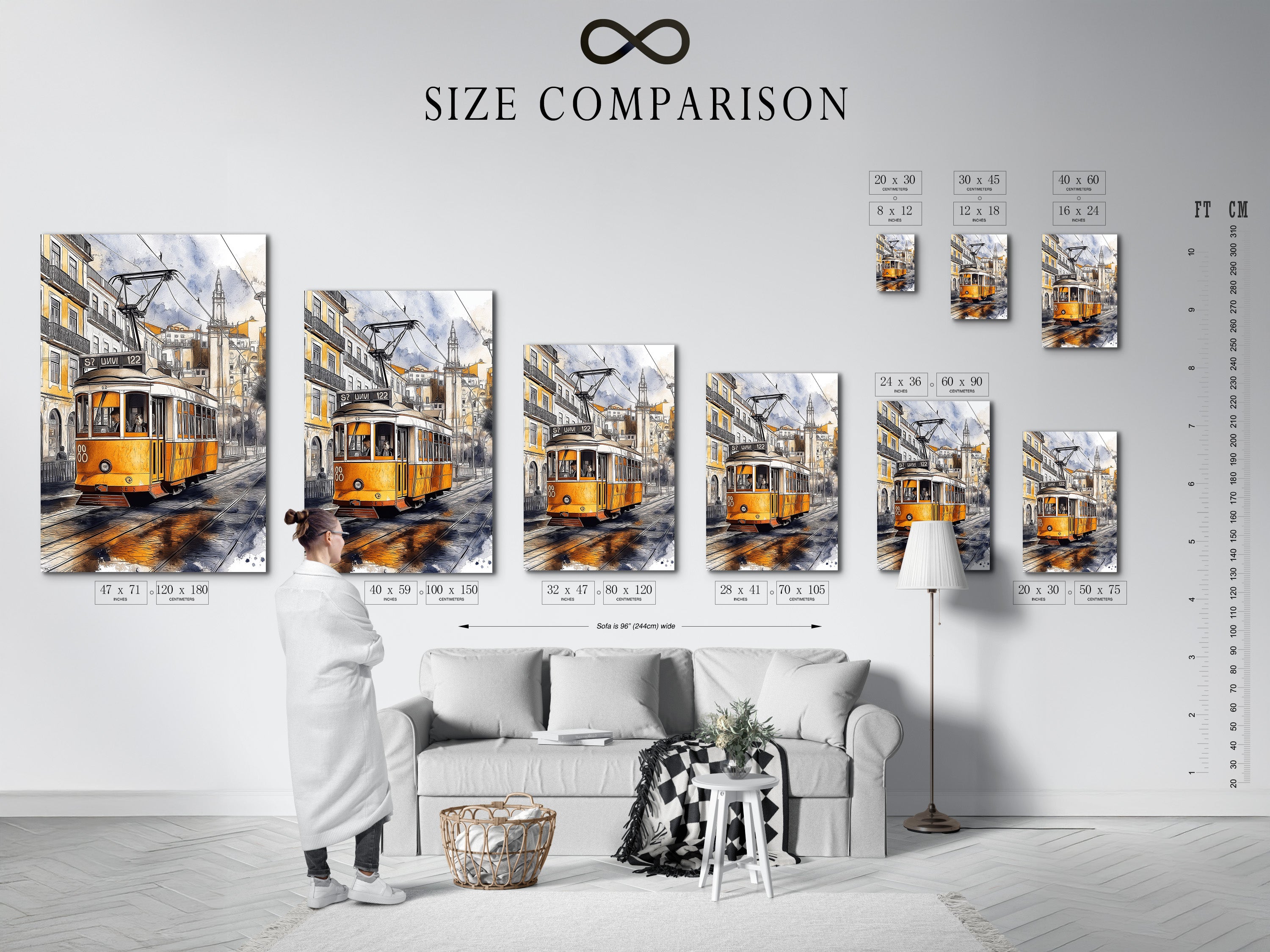Size comparison chart showcasing the Lisbon street art in an interior setting. Visualize the perfect fit for your space. See how this vintage tram art enhances different room sizes. Plan your wall decor with confidence using our size guide.