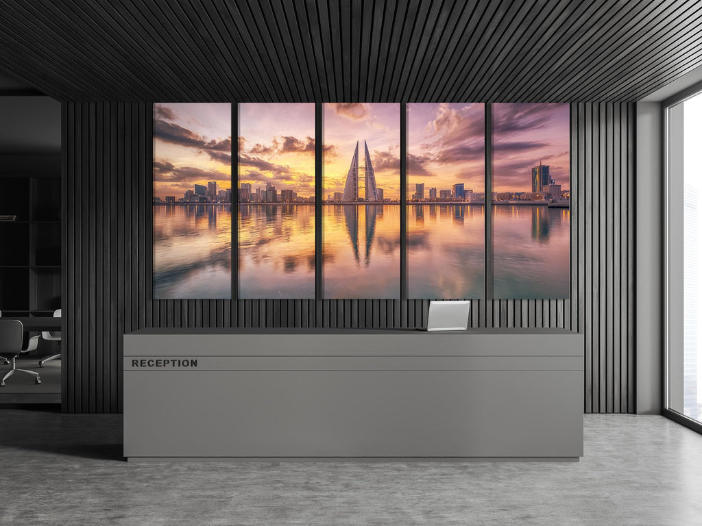 Bahrain Skyline Wall Art, Cityscape Sunset Canvas, 3-Panel Cityscape Print, Bahrain World Trade Center, Modern Urban Print for Office Decor