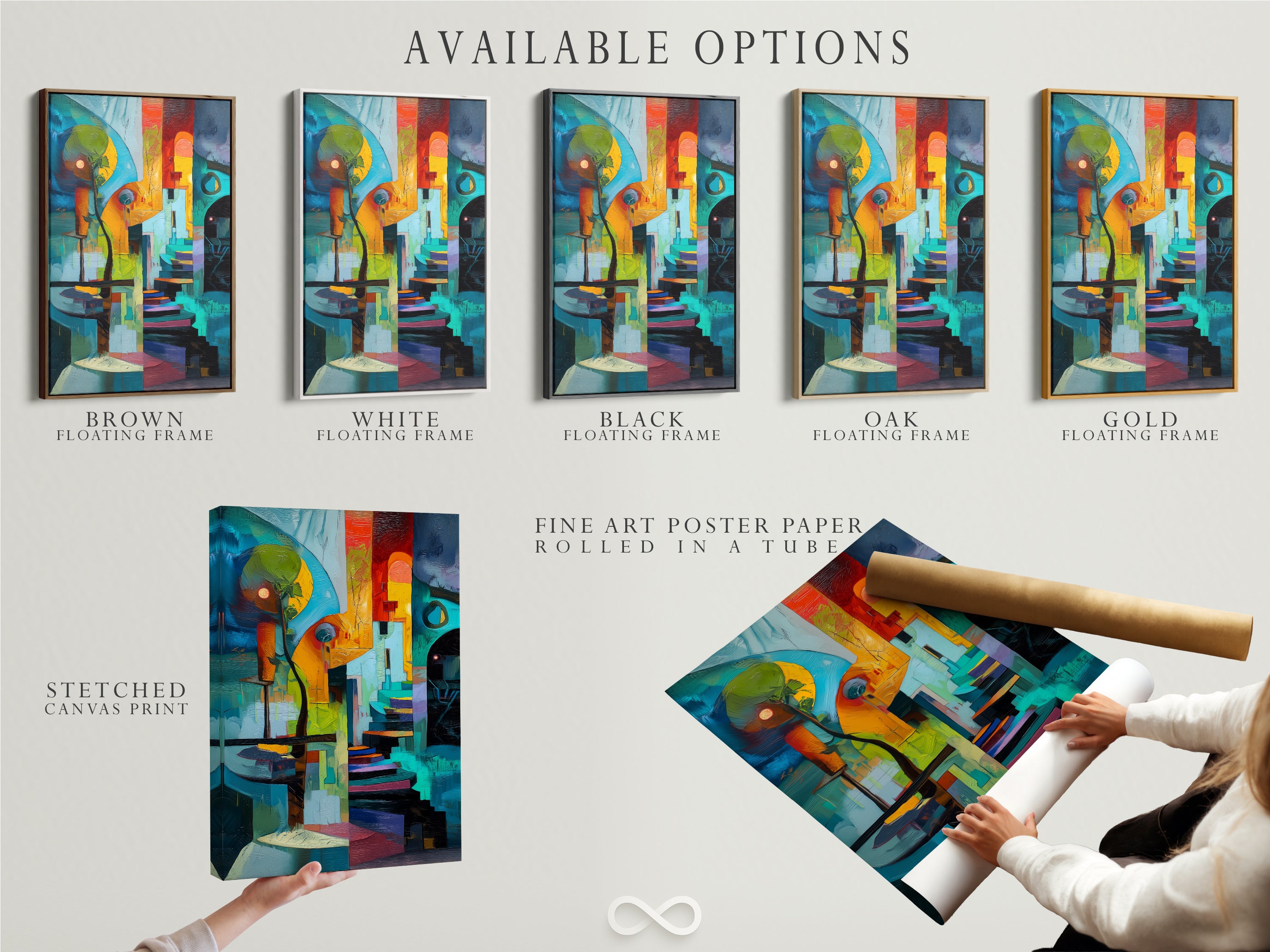 Available options include a stretched canvas print. You also have a fine art poster paper and a floating frame. Choose the best format for your geometric abstract artwork. Teal and orange colors add a modern touch. Ideal for any interior design style.
