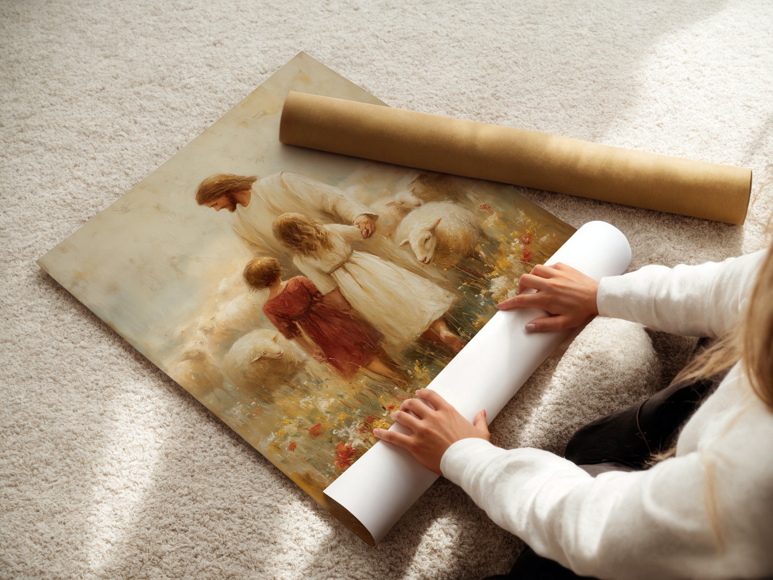 A woman is carefully rolling a fine art poster paper. The poster paper is high-quality. It ensures vibrant colors and a lasting impression. This allows for safe and easy handling. It preserves the integrity of the artwork. Perfect for your treasured prints.