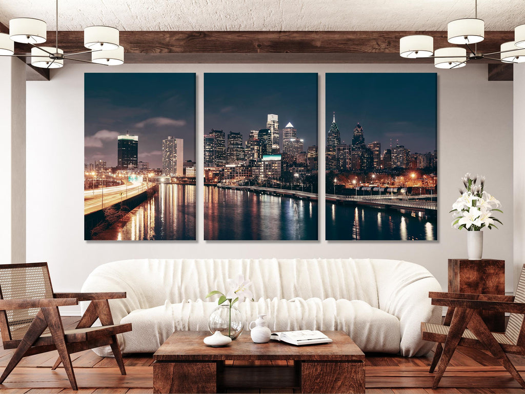 Philadelphia Skyline Canvas Wall Art, Night Cityscape Multi-Panel Print, Urban Downtown Decor, Modern City Lights Art, Large Philly Wall Art