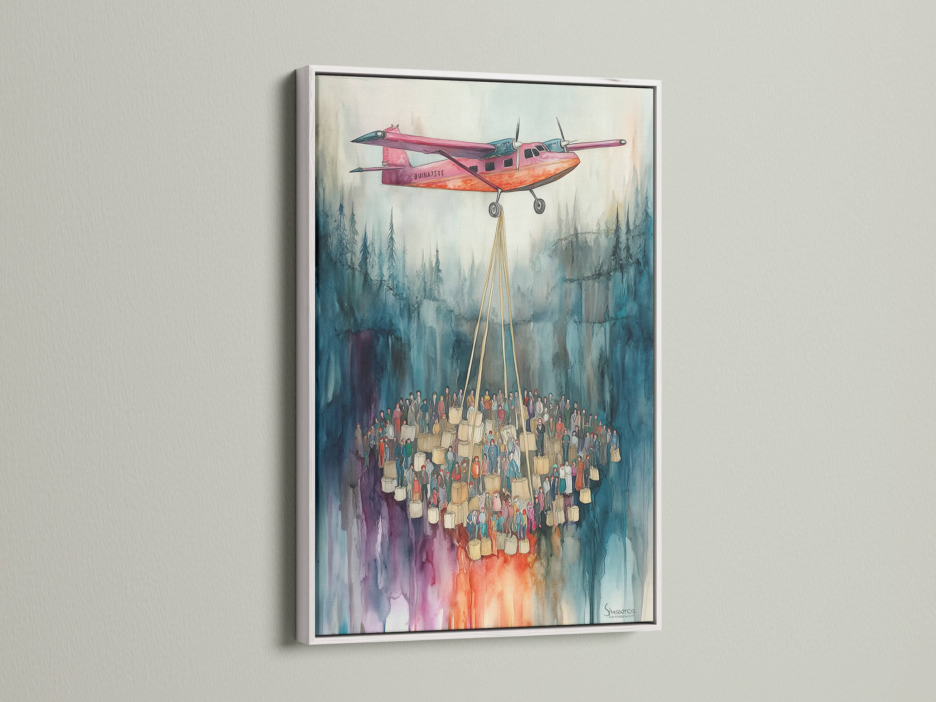 A watercolor airplane artwork in a white frame. The artwork hangs on a wall. It features a pink airplane and a crowd of people. The watercolor print is a unique wall art piece. It's ideal for minimalist or Scandinavian styled decor.