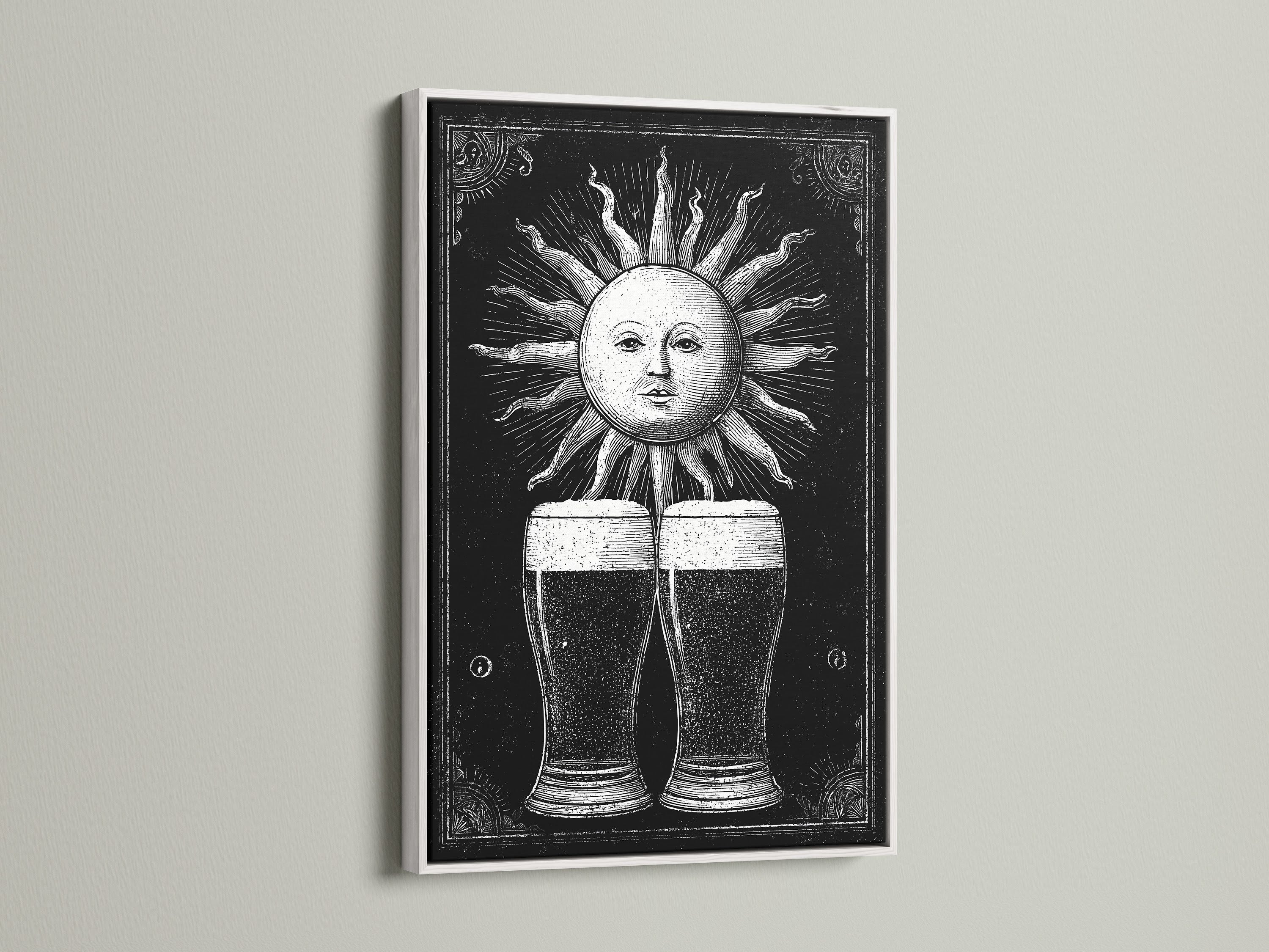 A white frame enhances this sun and beer artwork. The clean white finish offers a modern touch. It brightens up any room. This framed art is ideal for minimalist interiors. The contrast between the black art and white frame creates a striking effect. It brings a fresh feel to your space.