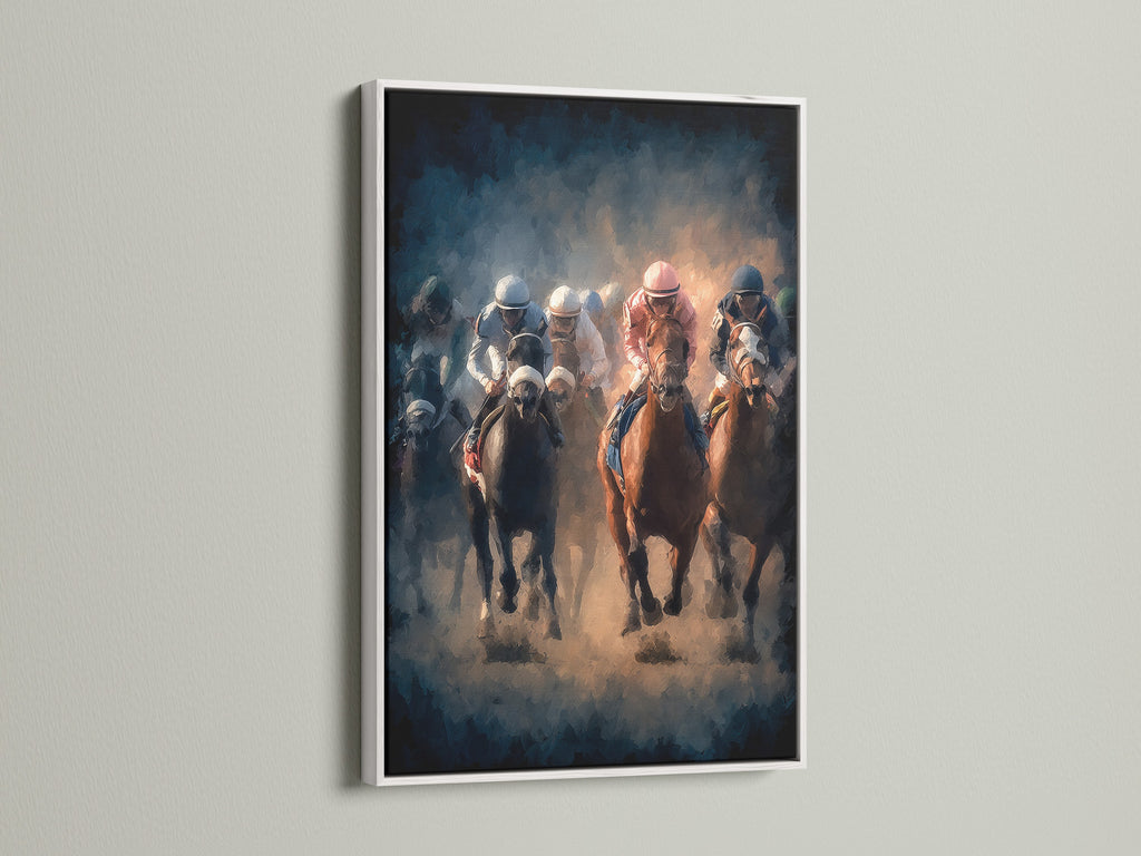 Artwork of horse racing framed in a white frame. The artwork shows horses and jockeys in a competitive race. The white frame offers a clean and modern look. Perfect wall art for any room