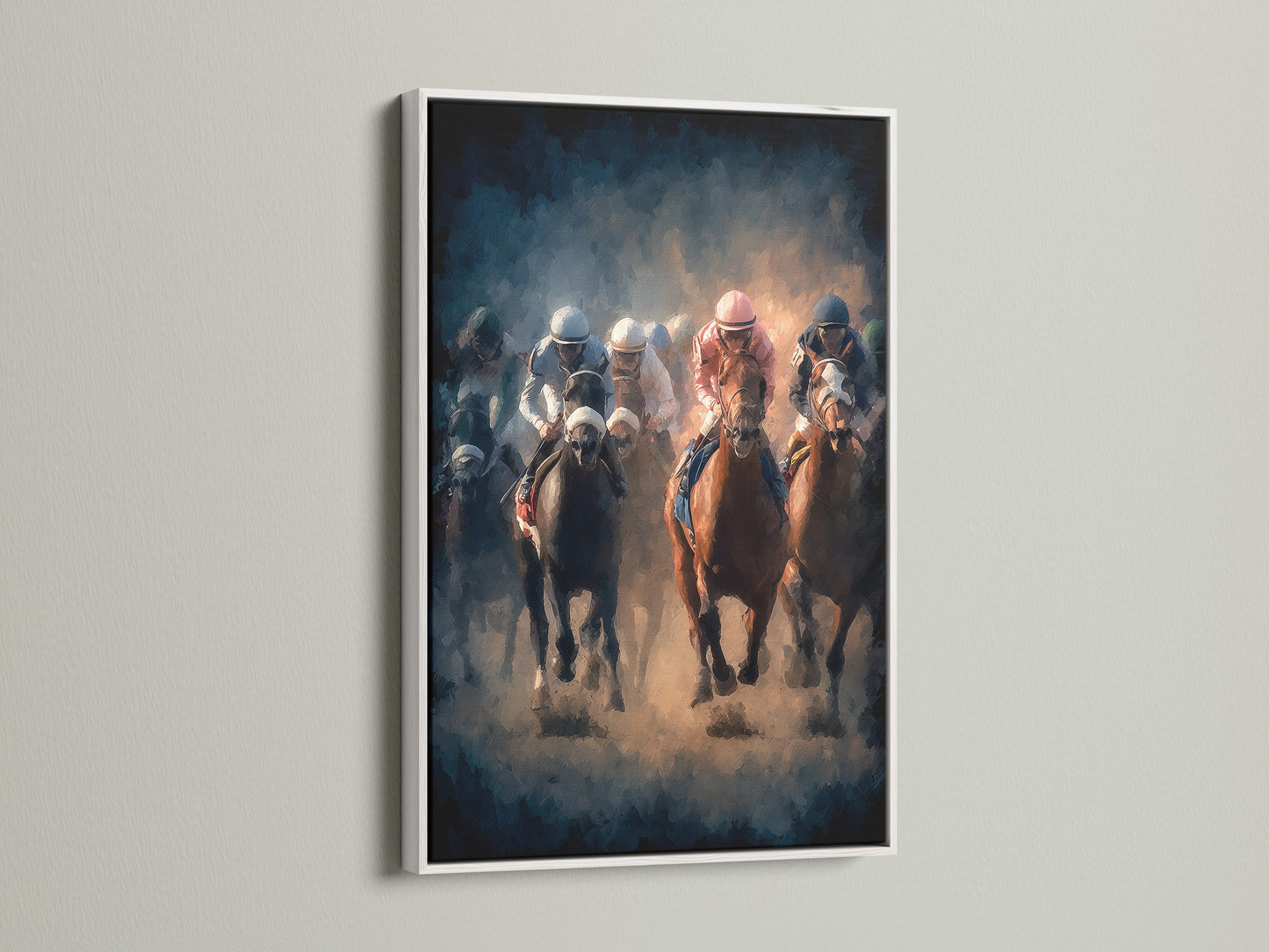 Artwork of horse racing framed in a white frame. The artwork shows horses and jockeys in a competitive race. The white frame offers a clean and modern look. Perfect wall art for any room