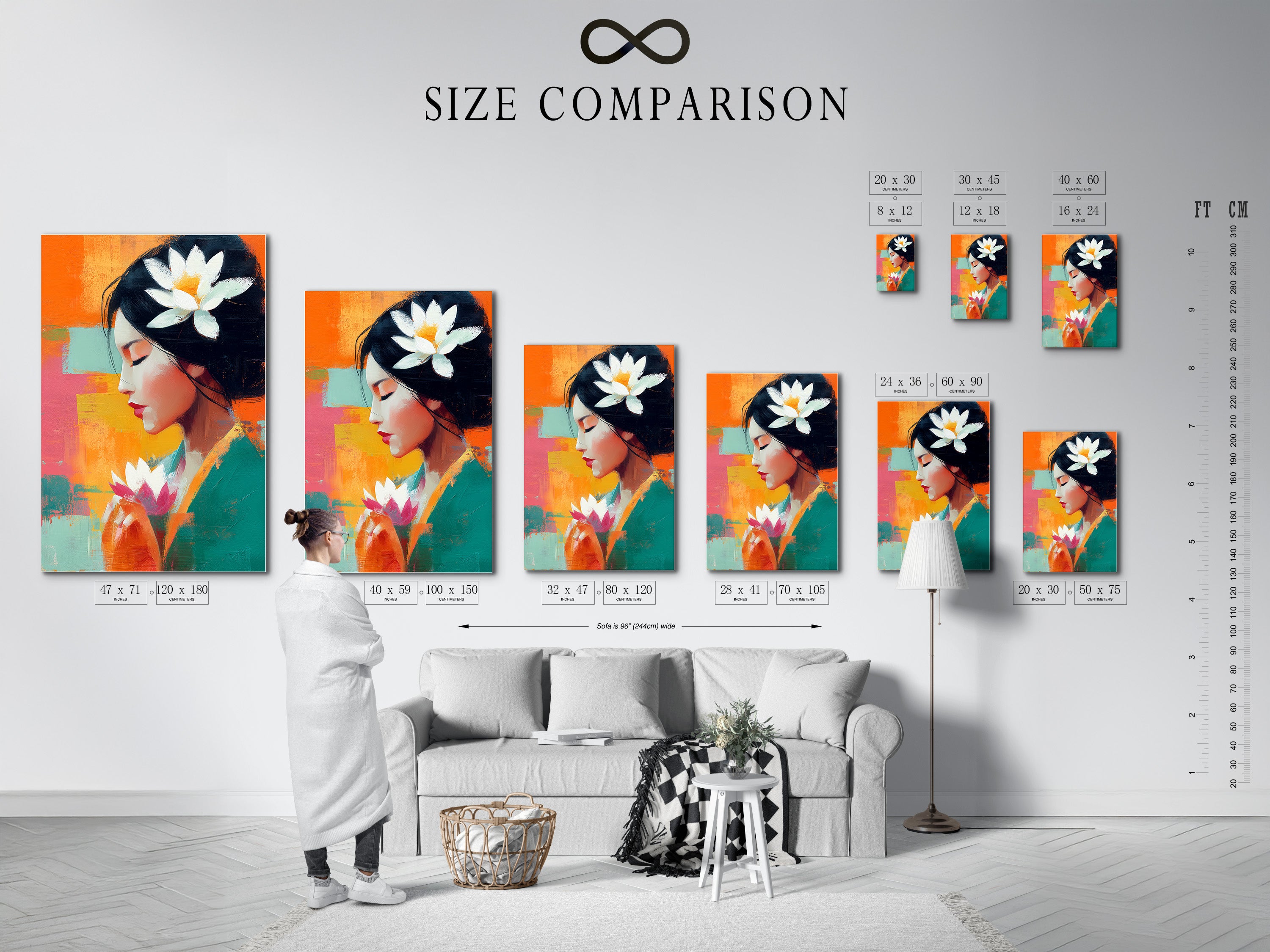 A size comparison chart displayed in an interior setting. The chart helps visualize the perfect size for your lotus flower woman artwork. This zen wall art piece makes a statement in any room. The artwork is a colorful abstract portrait.
