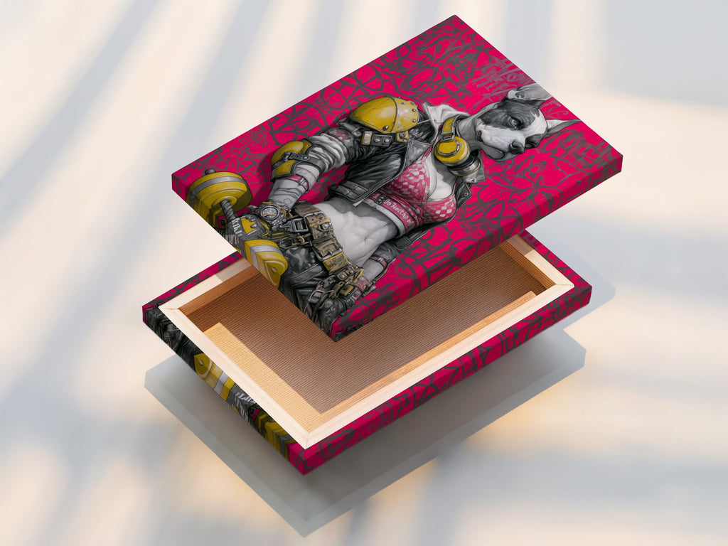 A stretched canvas print of the Cyberpunk Dog artwork. This futuristic French Bulldog art is a bold statement. The neon pink street art is perfect for modern interiors. Enhance your gaming room decor with this canvas. A great piece for art collectors.