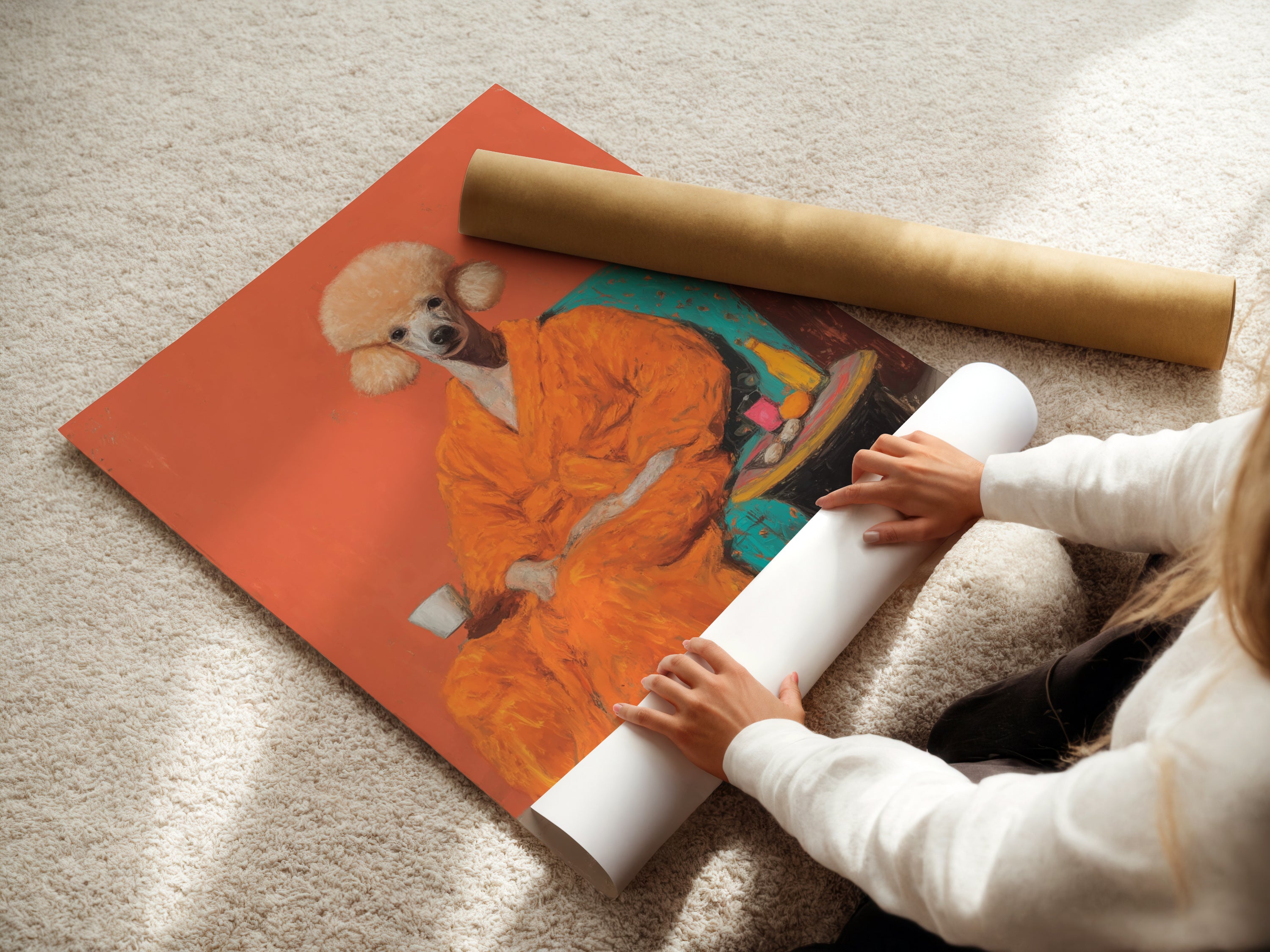 A woman is rolling a fine art poster paper print. This quirky animal wall art features surreal pet art perfect for home or office decor. The primary color is orange and the secondary color is blue. This is a great gift for dog lovers.