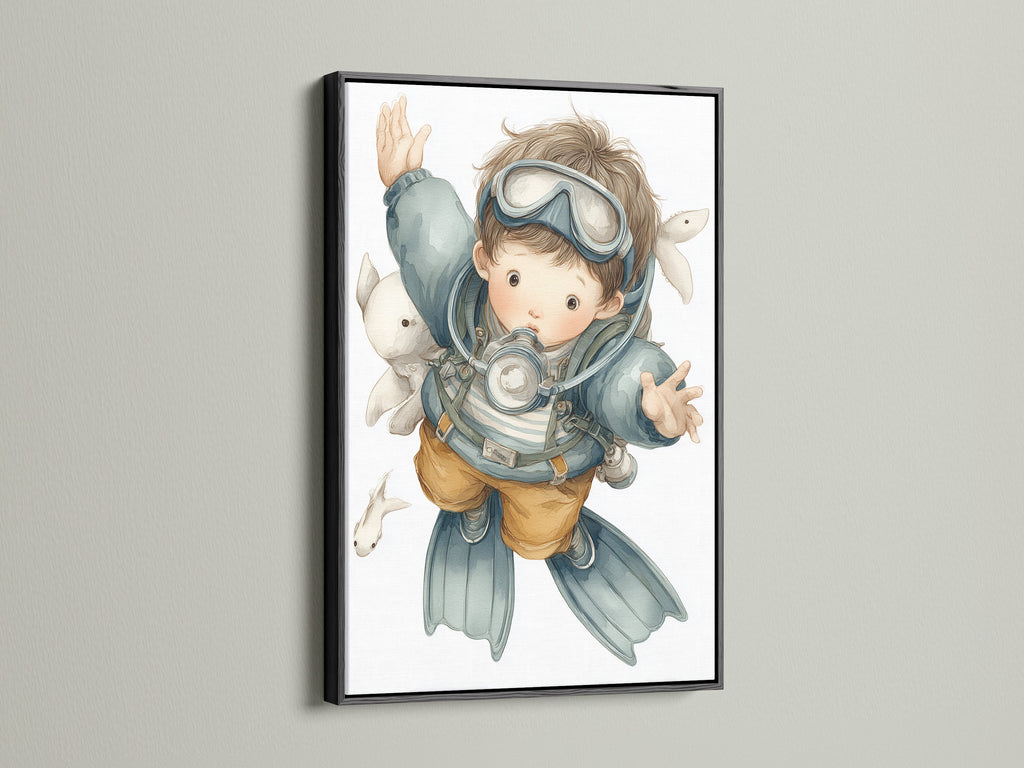 A captivating scuba diver art print is presented in a sleek black frame. This artwork is a great addition to a kids room with nautical wall decor. The black frame adds a modern touch to this ocean themed art. Perfect for creating an educational environment for children.
