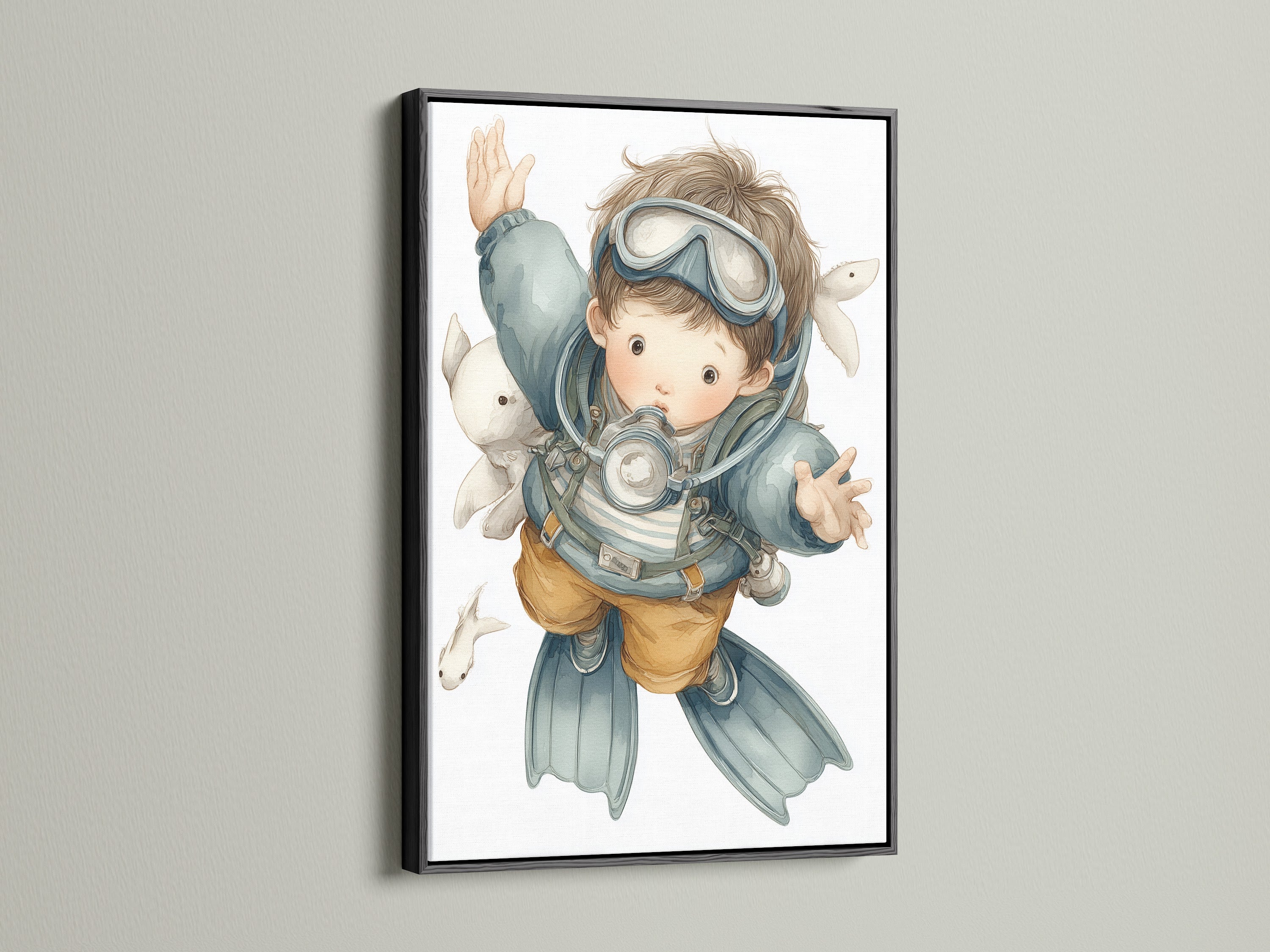 A captivating scuba diver art print is presented in a sleek black frame. This artwork is a great addition to a kids room with nautical wall decor. The black frame adds a modern touch to this ocean themed art. Perfect for creating an educational environment for children.