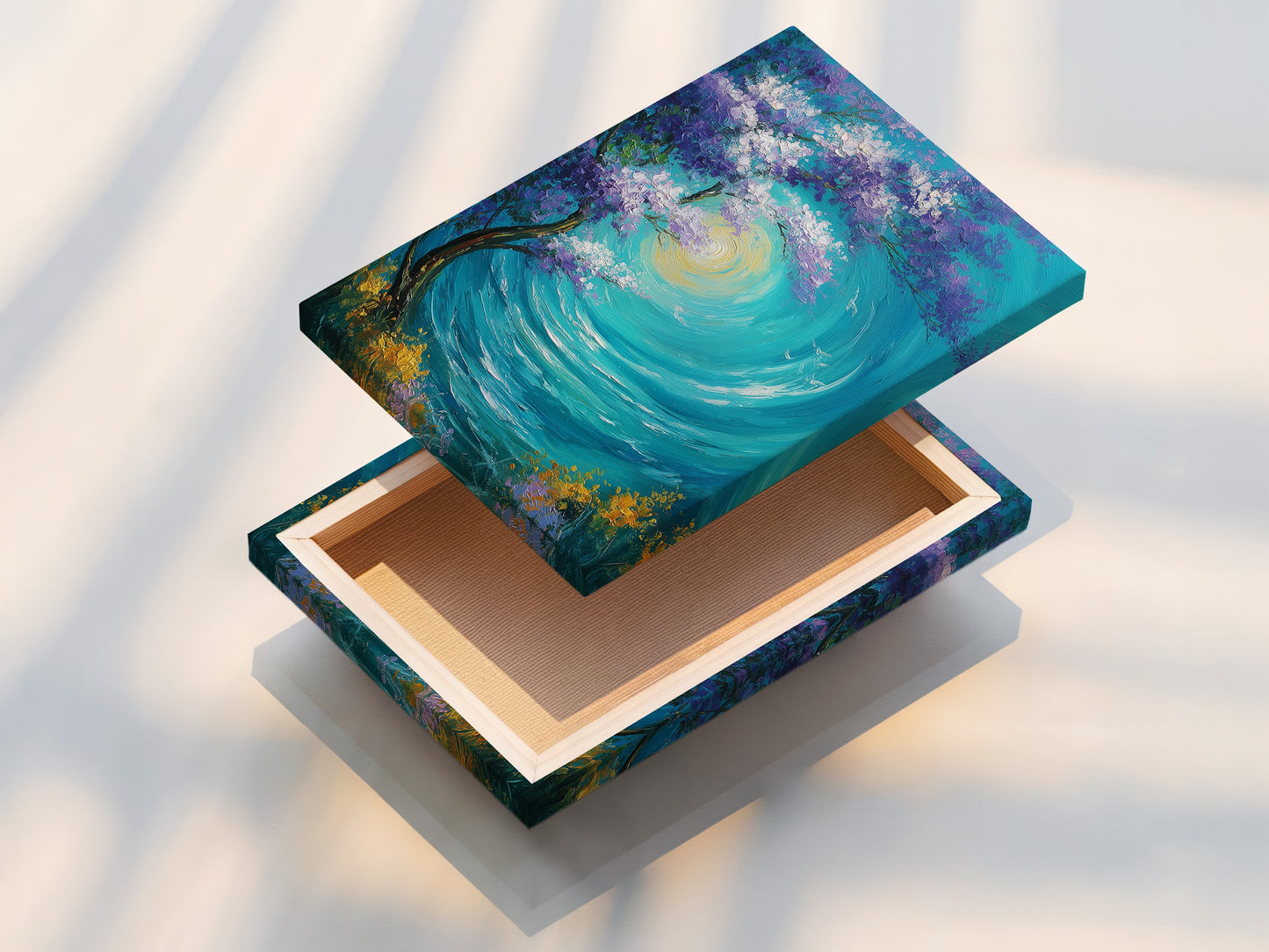 A stretched canvas print is shown. The stretched canvas provides a gallery-quality appearance. This art piece features an abstract tree with purple leaves and blue water. It will look great in any room. The stretched canvas enhances the artwork's visual appeal.