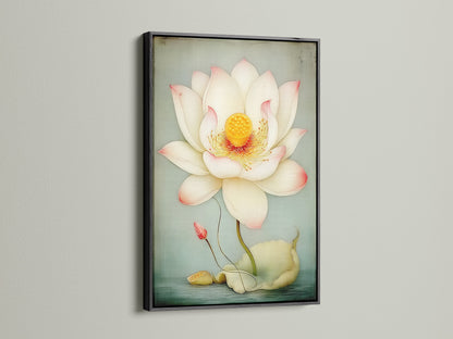 A Lotus Flower canvas print is presented in a black frame. This botanical artwork adds a sophisticated touch. The black frame contrasts beautifully with the lotus flower. Ideal for creating a focal point in living rooms. It complements various decor styles.