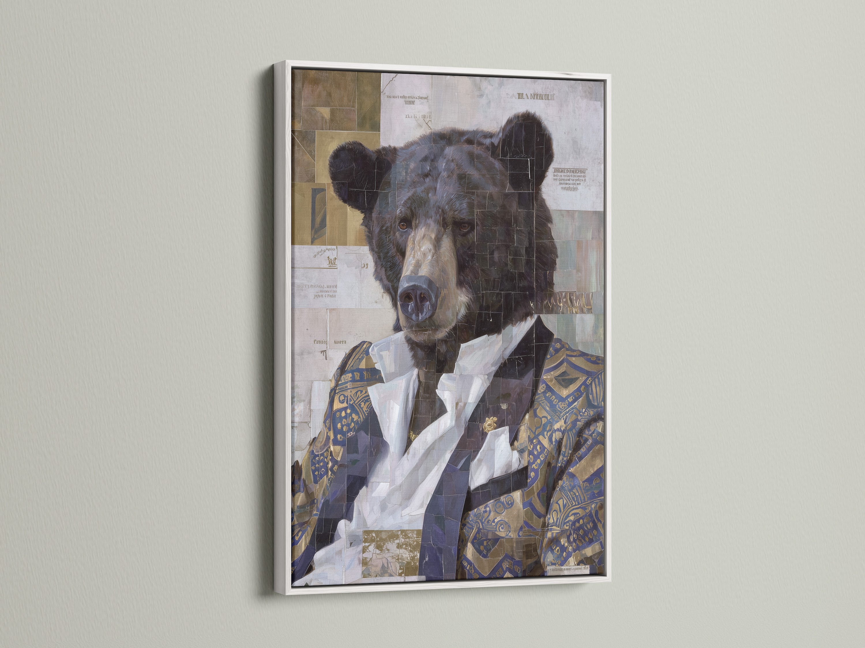 White frame displaying a vintage collage bear portrait. This eclectic animal artwork enhances any office or study room. The art adds a touch of bohemian style to your decor.  Ideal for those seeking elevated eclectic wall art.