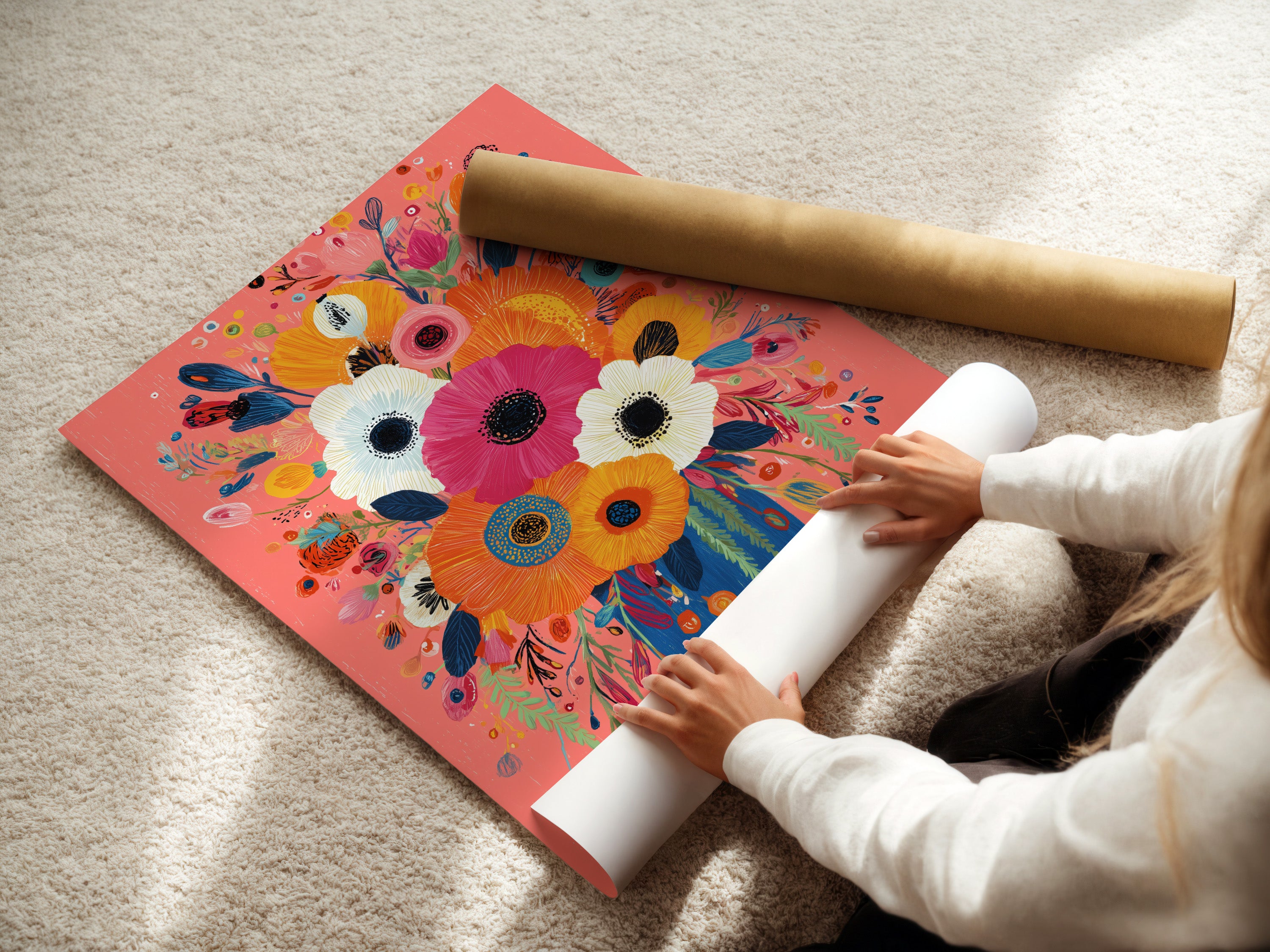 Colorful Floral Bouquet Art Print - Vibrant Flowers in Blue Vase Wall Art, Modern Botanical Poster, Pink Coral Home Decor