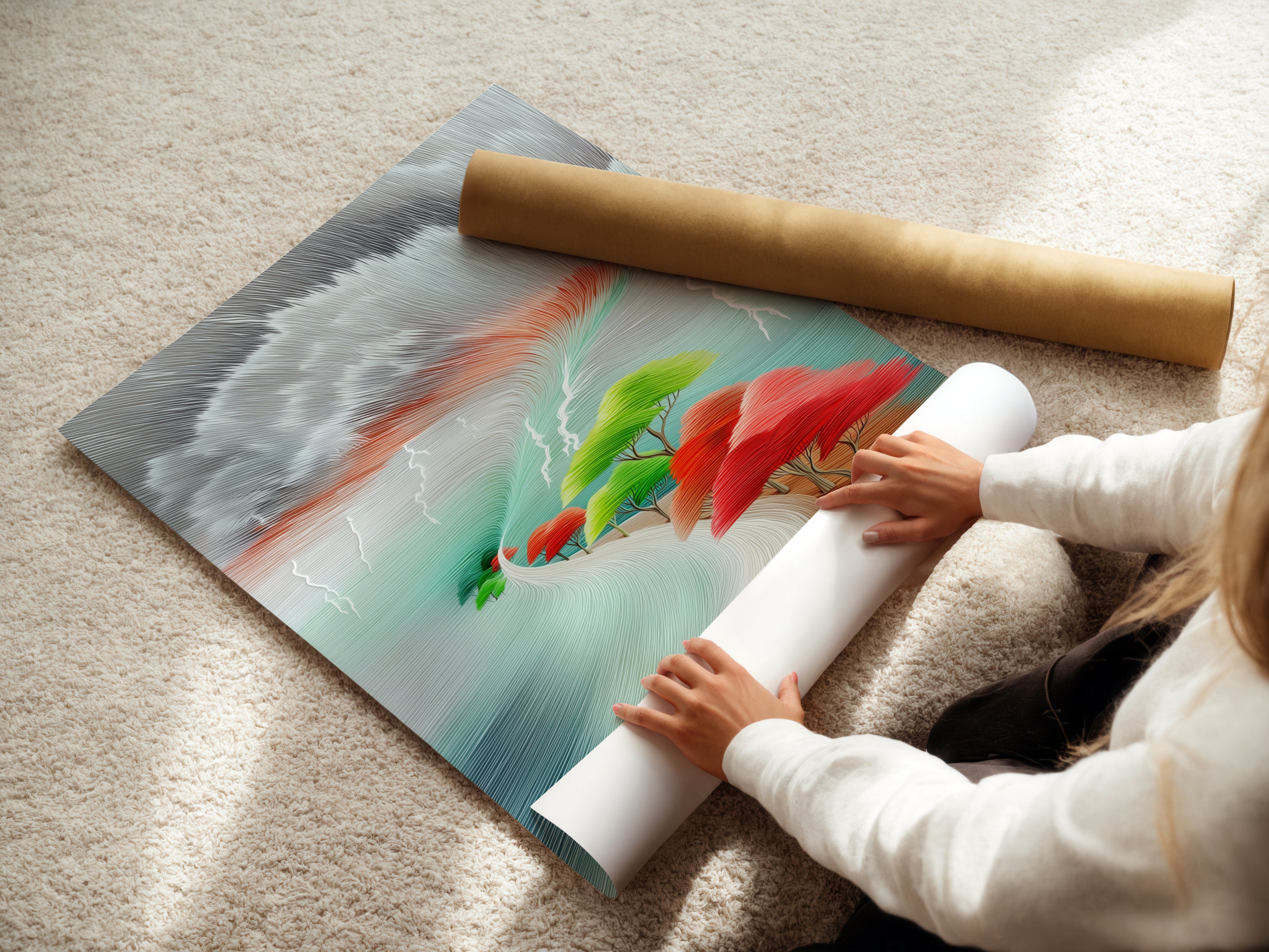 A woman carefully rolls a fine art poster paper. The paper features a colorful abstract landscape artwork print. This high-quality print captures every detail of the modern nature scene. Perfect for art enthusiasts and collectors.