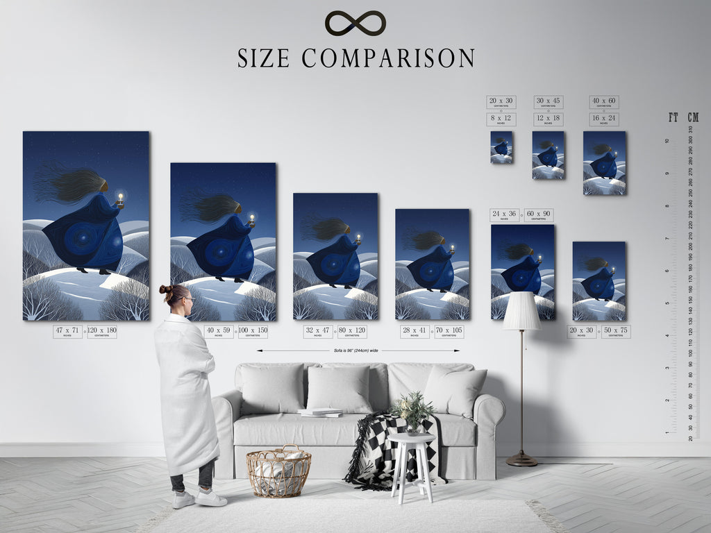 Size comparison chart featuring the Mystical Woman artwork in an interior setting. Choose the perfect size for your space. This ethereal figure art enhances any room. The dreamy night art brings a spiritual touch. Available in various sizes for any home.