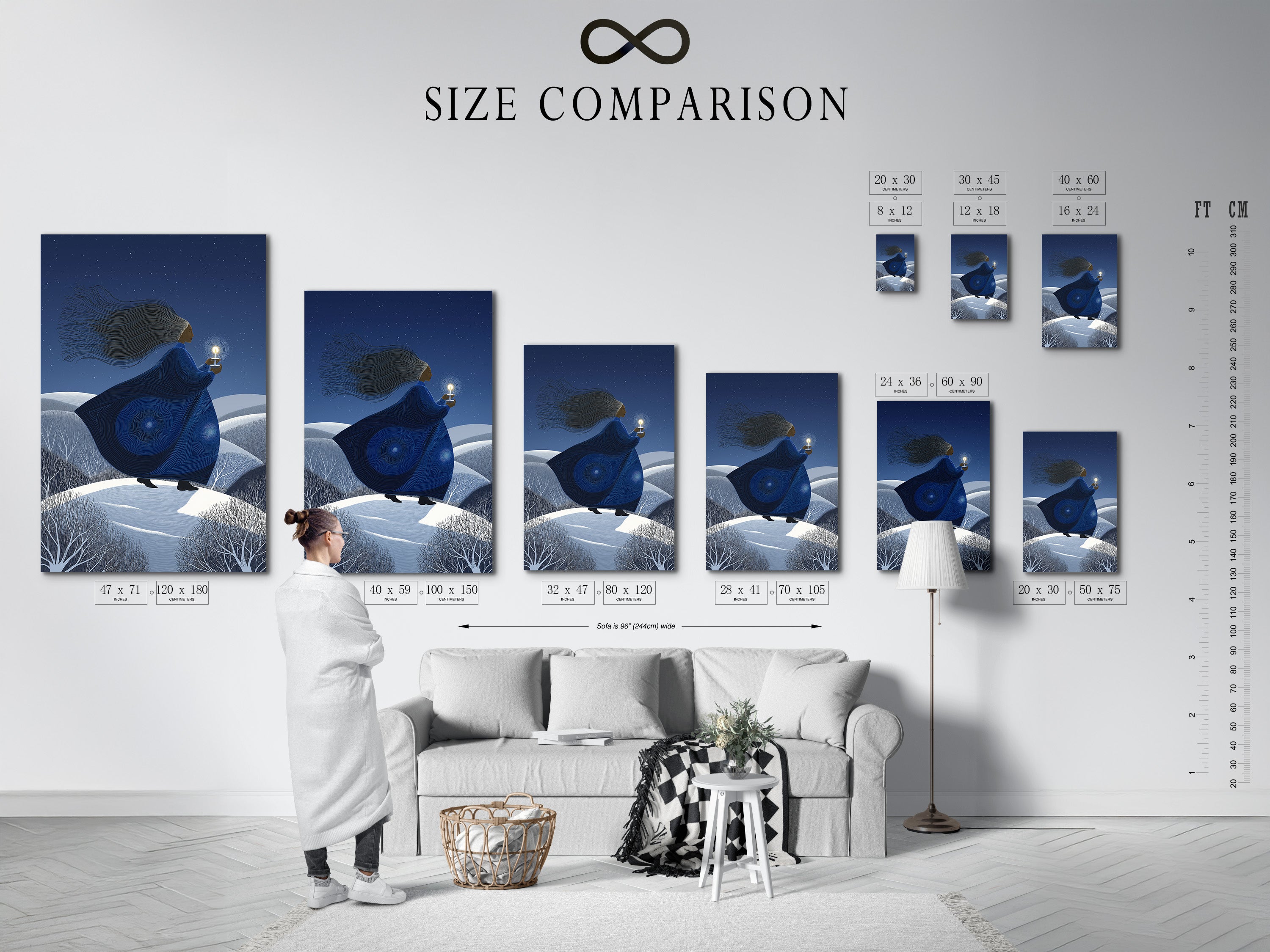 Size comparison chart featuring the Mystical Woman artwork in an interior setting. Choose the perfect size for your space. This ethereal figure art enhances any room. The dreamy night art brings a spiritual touch. Available in various sizes for any home.