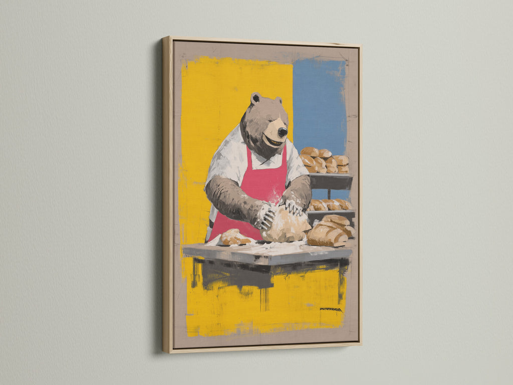 Bear Baker Artwork in an oak frame is showcased. This kitchen wall art is perfect for a rustic dining room. The chef animal print adds a fun touch. Ideal for homeowners and cafe owners looking for whimsical art. Enhance your space with this charming piece.