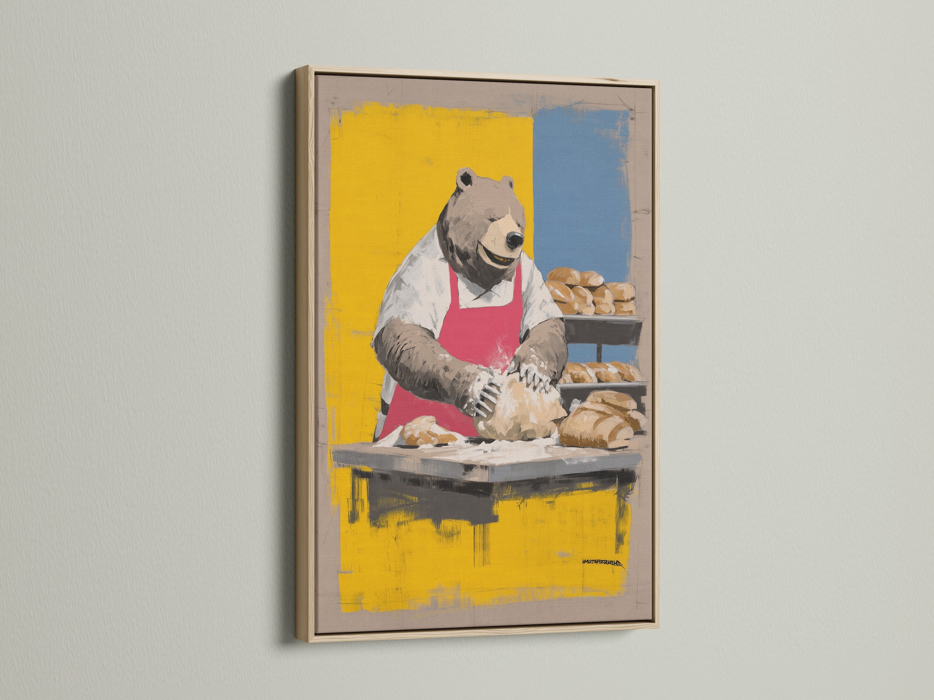 Bear Baker Artwork in an oak frame is showcased. This kitchen wall art is perfect for a rustic dining room. The chef animal print adds a fun touch. Ideal for homeowners and cafe owners looking for whimsical art. Enhance your space with this charming piece.