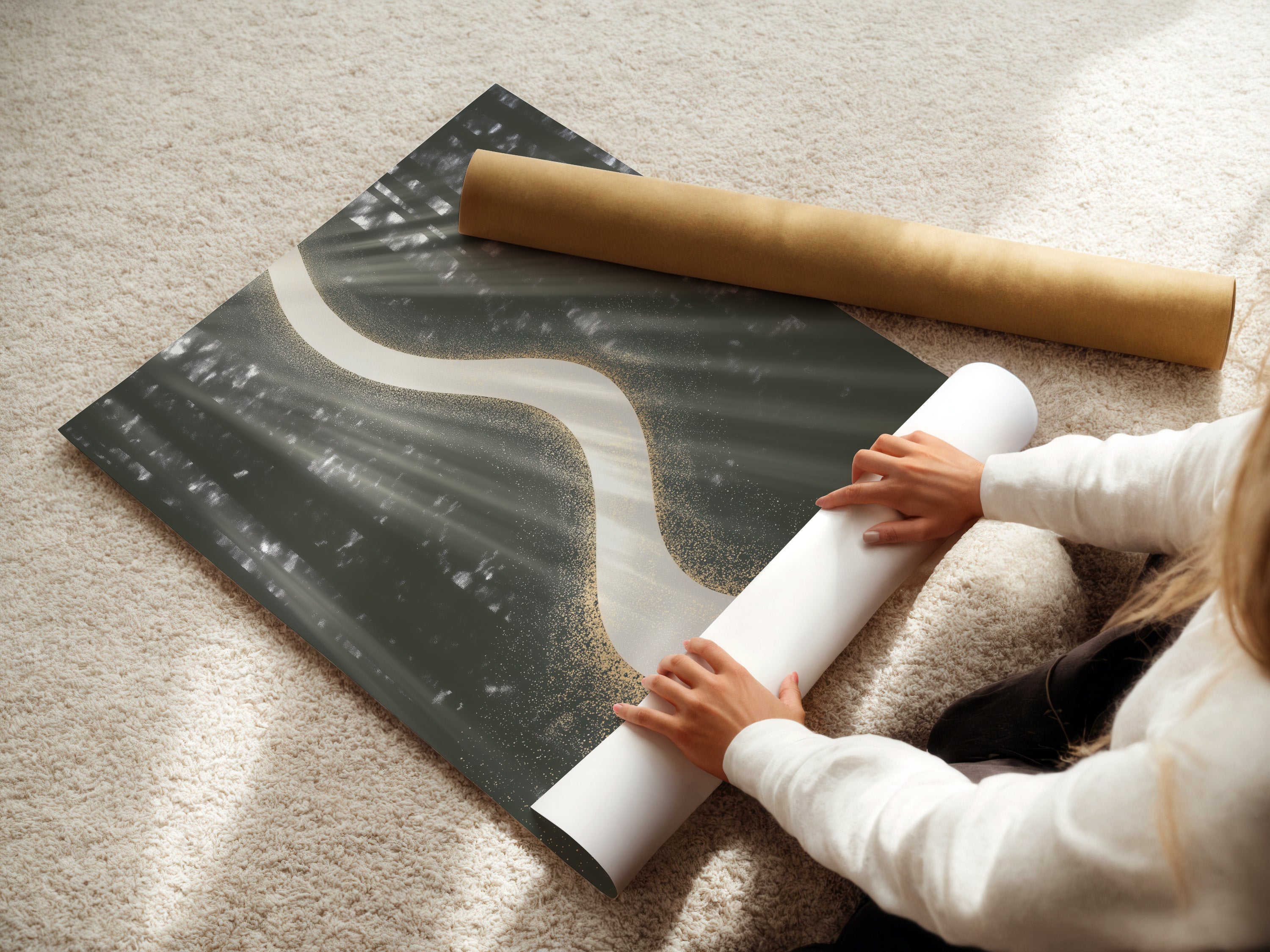 A woman is carefully rolling a fine art poster paper. This highlights the delicate handling of the abstract river art print. Ensuring a pristine modern wall decor piece. Perfect for homeowners and interior decorators. Seeking quality contemporary artwork