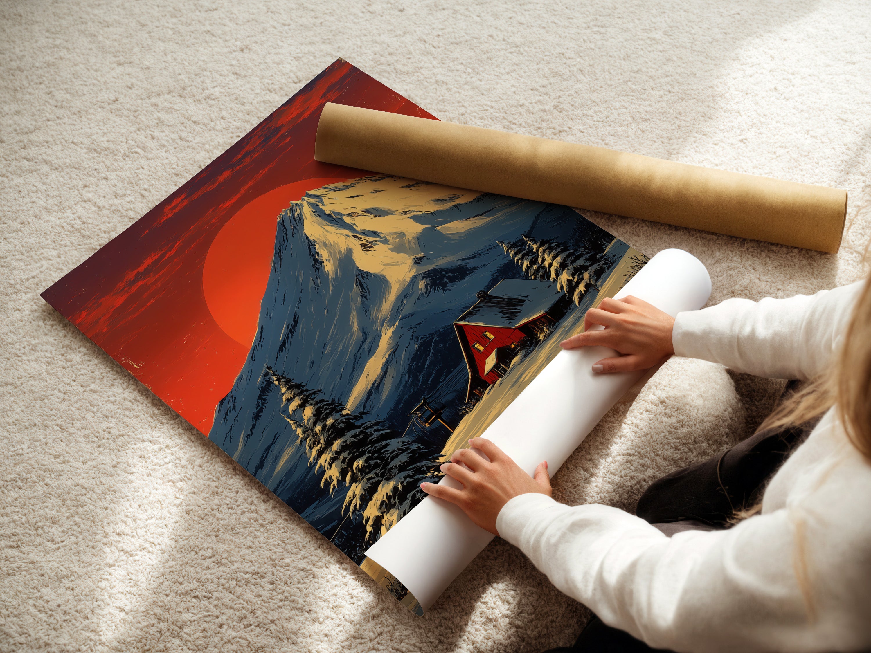 A woman is rolling a fine art poster paper. The artwork is a winter mountain landscape with a snowy cabin. Perfect rustic home decor. The primary color is red and secondary color is white.