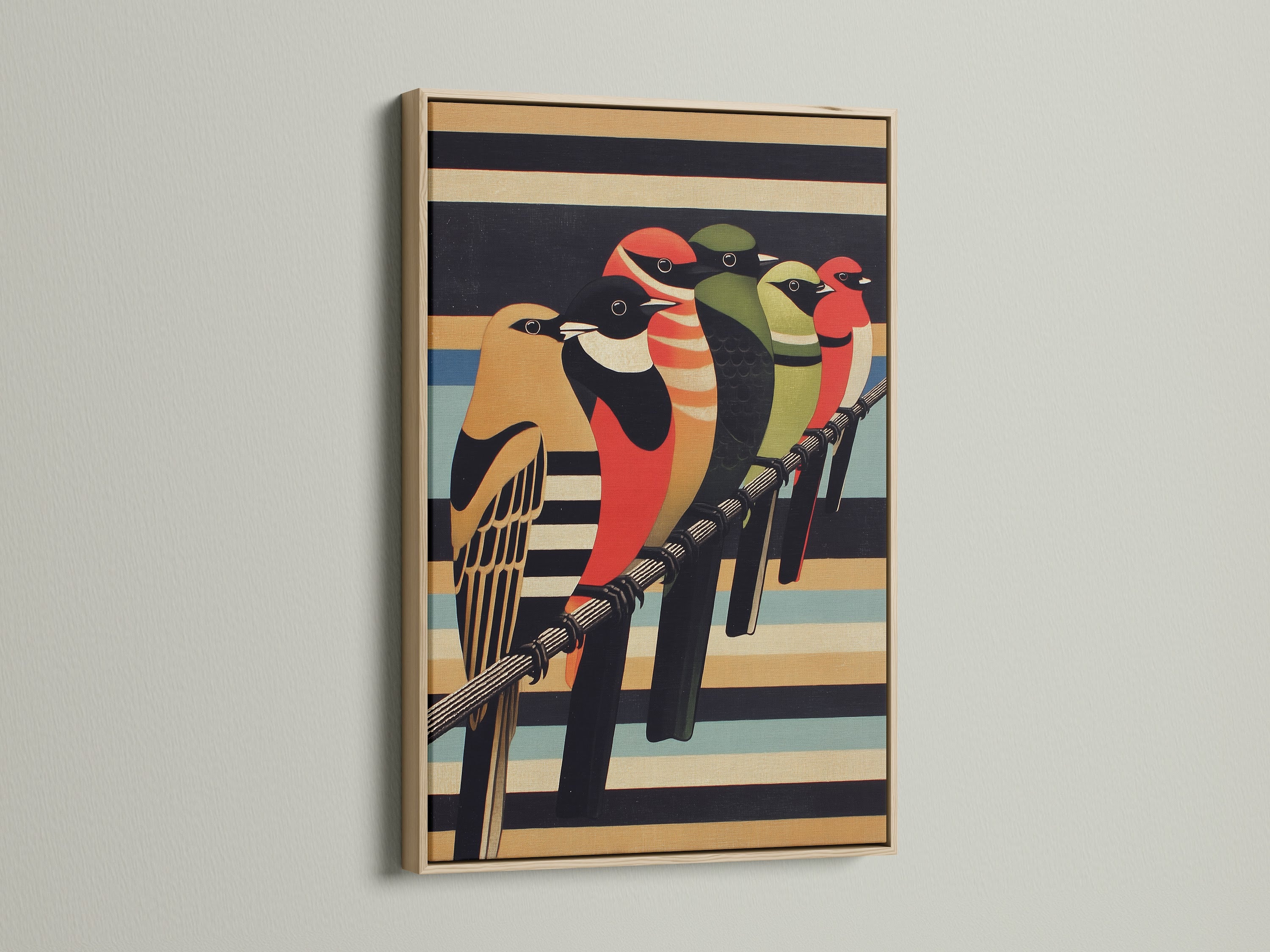 Vintage bird artwork displayed in an oak frame. The colorful avian poster enhances any room. Ideal for eclectic styles. It brings nature indoors. Shop now for retro wall art in a classic oak frame.