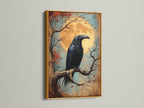 Raven artwork in a gold frame. The gold frame adds an elegant touch to the raven artwork. This bird canvas is perfect for dark academia decor. It enhances study room art and creates a unique atmosphere. Great for a victorian print collection.