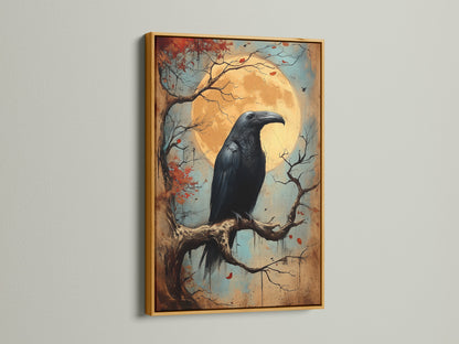 Raven artwork in a gold frame. The gold frame adds an elegant touch to the raven artwork. This bird canvas is perfect for dark academia decor. It enhances study room art and creates a unique atmosphere. Great for a victorian print collection.
