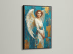 The artwork featuring a woman with angel wings is presented in a sleek black frame. The black frame adds a touch of sophistication. Explore the timeless appeal of black frames for your art prints. They offer a bold and classic framing solution.