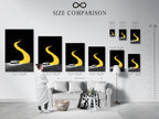 A size comparison chart shows the sports car artwork in an interior setting. The yellow road art fits various room sizes. Visualize this automotive print in your space. Perfect for garages and man caves.