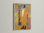 Klimt Style Bulldog Art Print is presented in a white frame. This artwork adds a touch of elegance to any space. The gold ornate art and animal canvas art make it a standout piece. Perfect for enhancing office wall decor. This vintage dog art is a unique art nouveau print.