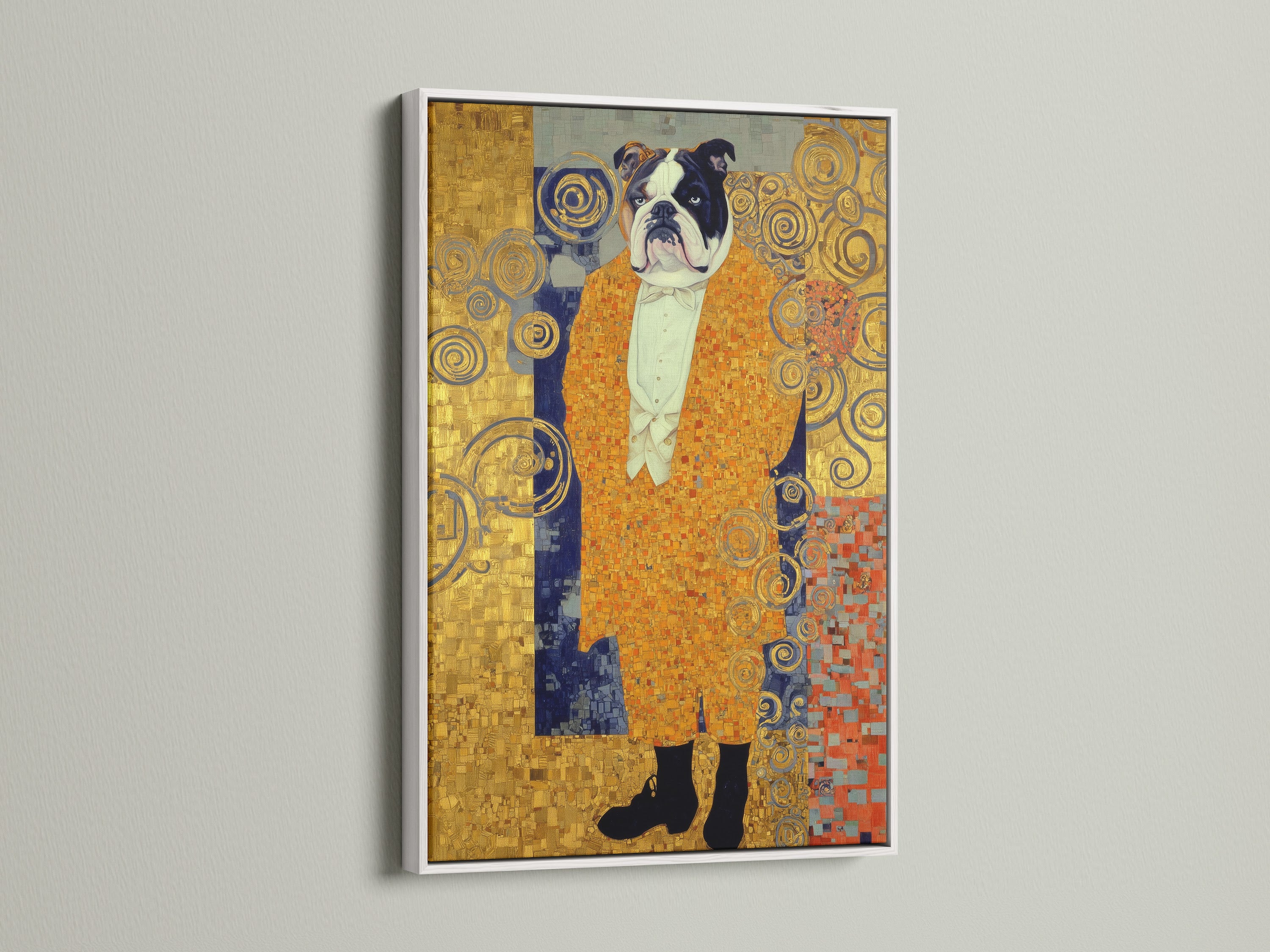 Klimt Style Bulldog Art Print is presented in a white frame. This artwork adds a touch of elegance to any space. The gold ornate art and animal canvas art make it a standout piece. Perfect for enhancing office wall decor. This vintage dog art is a unique art nouveau print.
