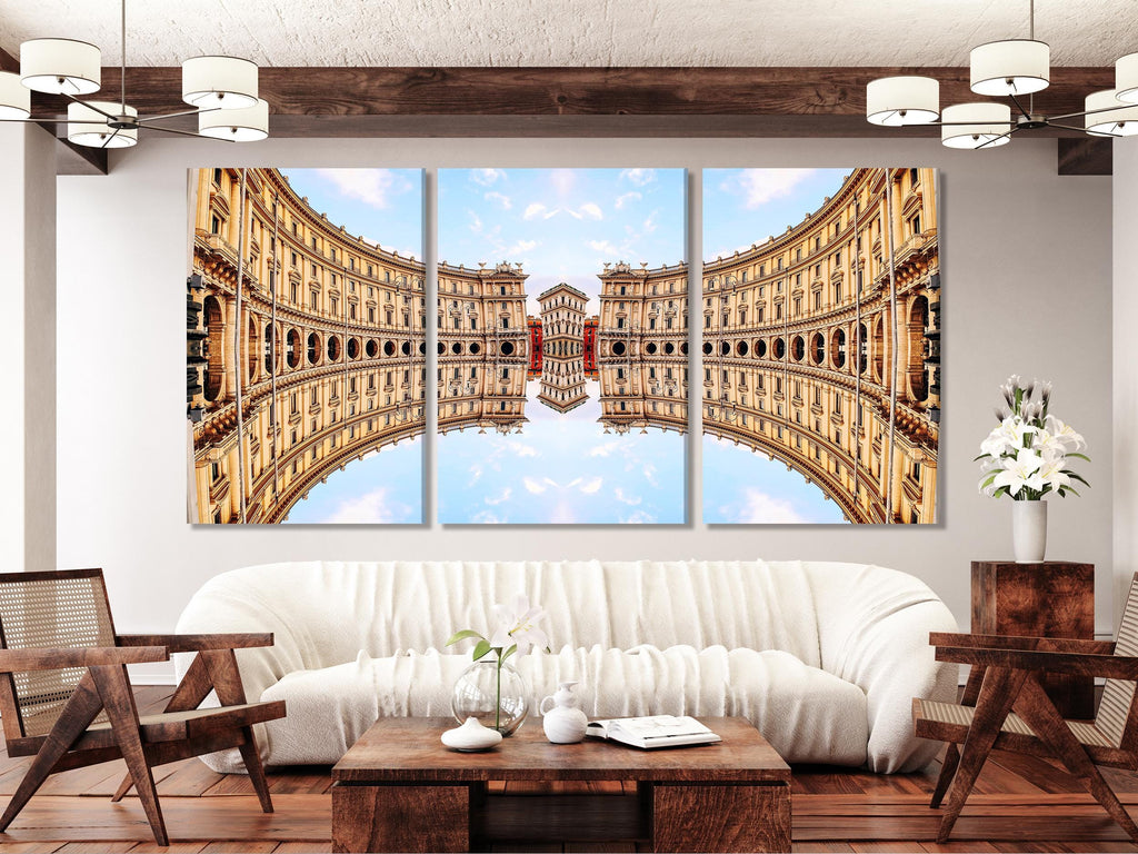 Arte em tela da Itália - Decoração de parede de Roma, Impressão em tela da Piazza della Repubblica, Arte de parede da arquitetura de Roma, Grande obra de arte de 5 painéis de marco italiano
