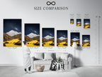 The size comparison chart shows the Mountain Galaxy artwork in an interior setting. This chart helps visualize the artwork in different sizes. The earth tones and celestial decor enhance any space. It's perfect for planning your wall art arrangement. Choose the ideal size for your home or office.