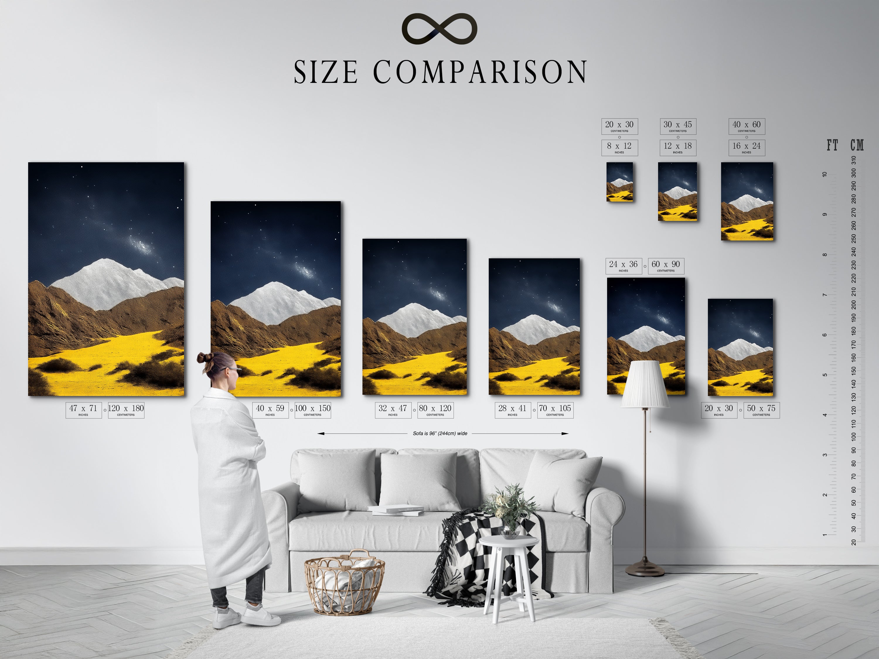 The size comparison chart shows the Mountain Galaxy artwork in an interior setting. This chart helps visualize the artwork in different sizes. The earth tones and celestial decor enhance any space. It's perfect for planning your wall art arrangement. Choose the ideal size for your home or office.