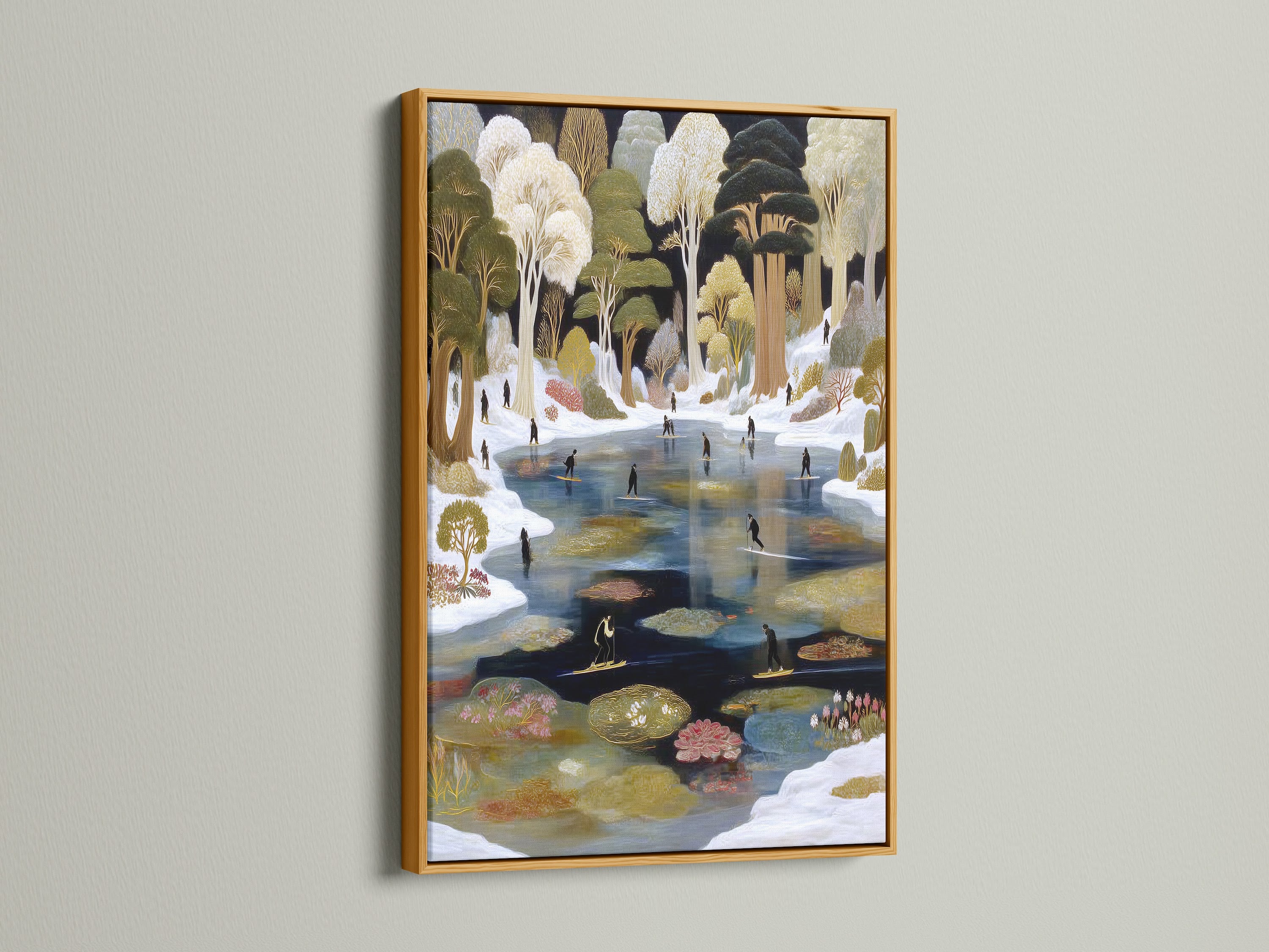 A gold frame highlights the Winter Pond art piece. The vintage ice skating print brings a touch of glamour. This folk art canvas creates a cozy atmosphere. Ideal for bohemian and eclectic interiors.