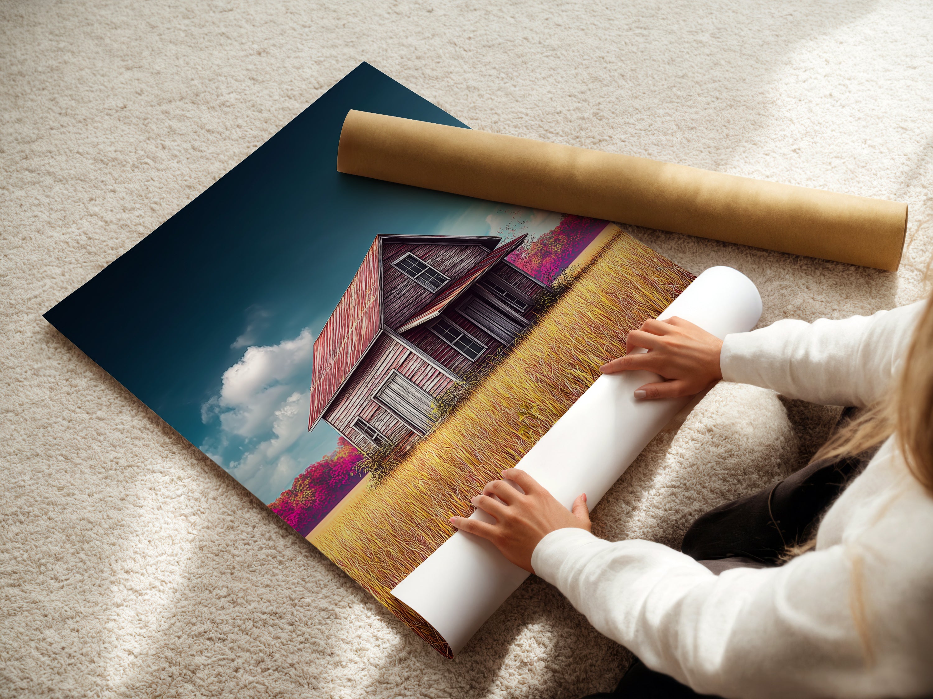 Watch as a woman expertly handles fine art poster paper. The delicate process ensures the highest quality for your prints. This attention to detail guarantees a stunning final product. Explore our range of fine art options for your home decor needs. Elevate your space with beautiful artwork.