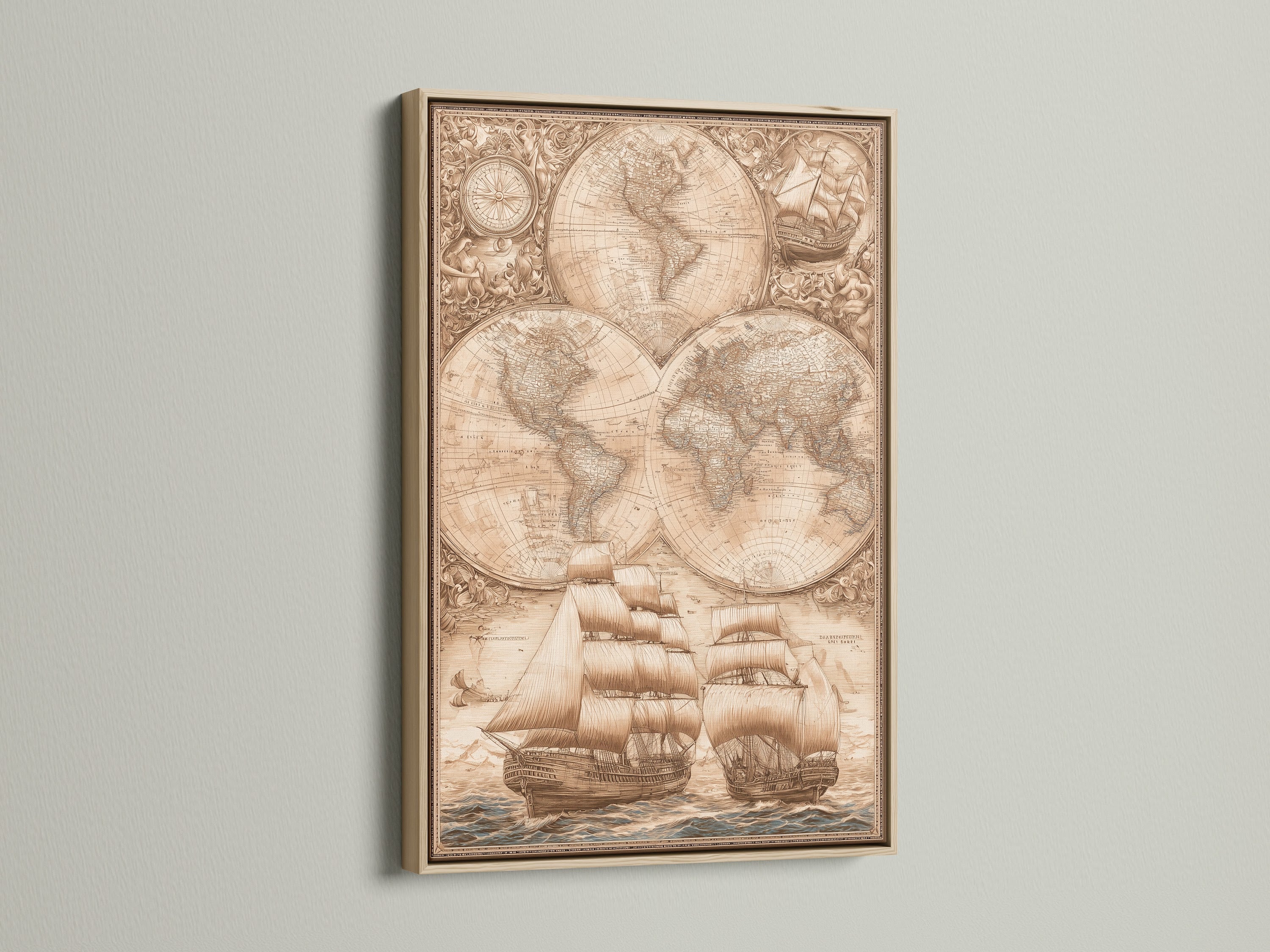 A sepia-toned world map artwork featuring vintage ships is framed in oak. The oak frame enhances the artwork's warmth. It brings out the intricate details. This framed artwork adds a nautical touch to your decor. Consider an oak frame for your next art piece.