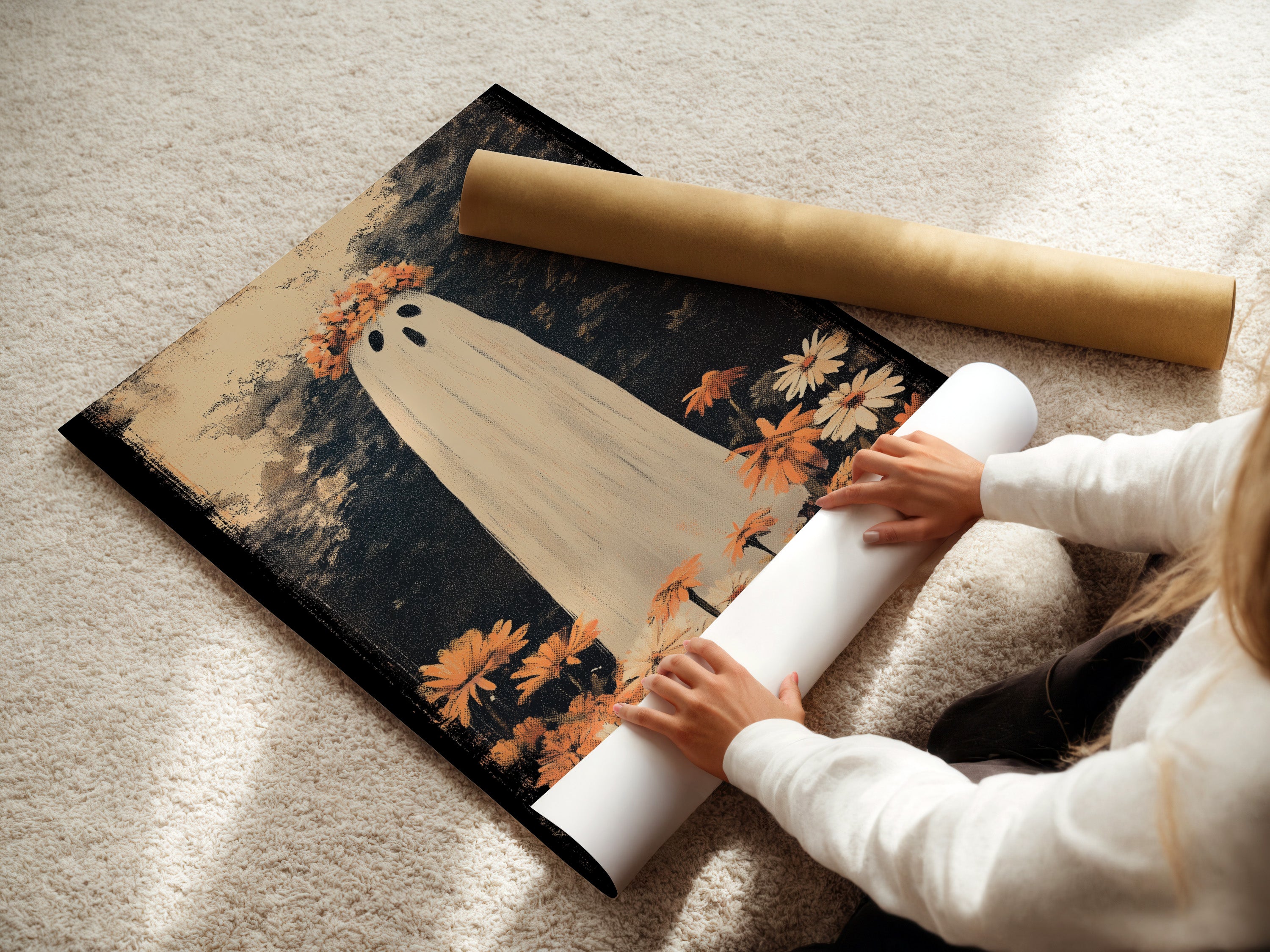 A woman is carefully rolling a fine art poster paper. The fine art poster paper is high-quality ensuring a vivid and lasting print. This step is crucial for preserving the artwork's integrity. The rolled poster is ready for framing or display. Discover the care that goes into each print. This ensures your art arrives in perfect condition.